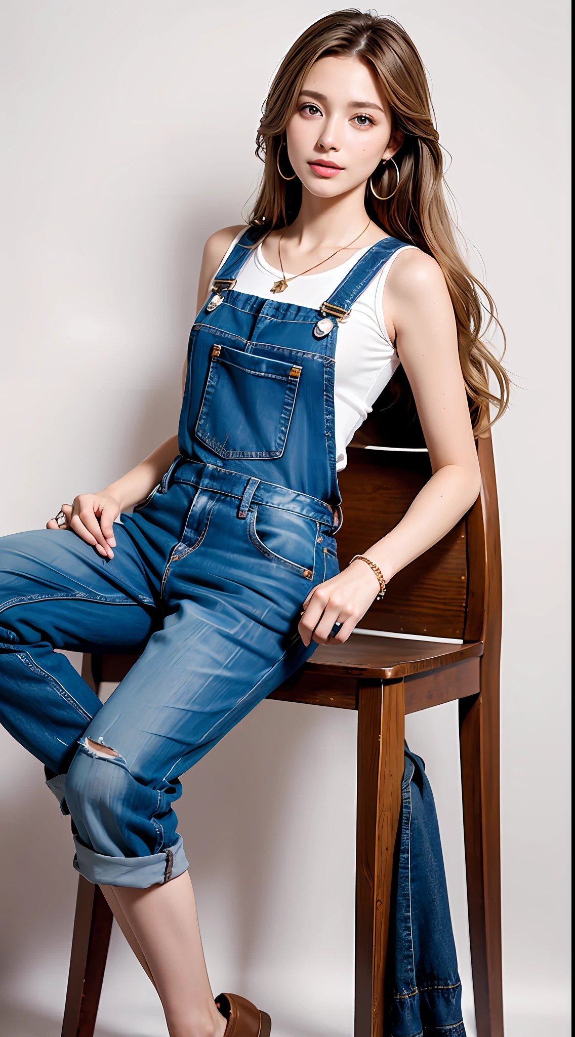 A photograph of a beautiful ((17 years)) American woman, award-winning photo, best quality, portrait by Annie Leibovitz, Canon 5D Mark II, film, professional photography, (rich colors: 1.1), hyper realistic, realistic texture, (natural lighting: 1.1), (Canon EF 85mm f/1.4L IS USM), ripped jeans overalls, full body, standing, face lightly made up, extra long hair, long hair, brown hair mixed with blonde, slightly wavy hair, bright blue eyes, rounded eyes, western woman, thick mouth, tanned skin, shy, beautiful smile, long cilis, extremely detailed eyes and face, realistic pupils, light freckles on the face, star earrings, bracelet with star pendant, cord with star pendant (Increase the mood of the body line:1.1), (increase the quality of cinematic lighting: 0.9), (Increase the beauty of skin texture:1.1), smooth white background wall
