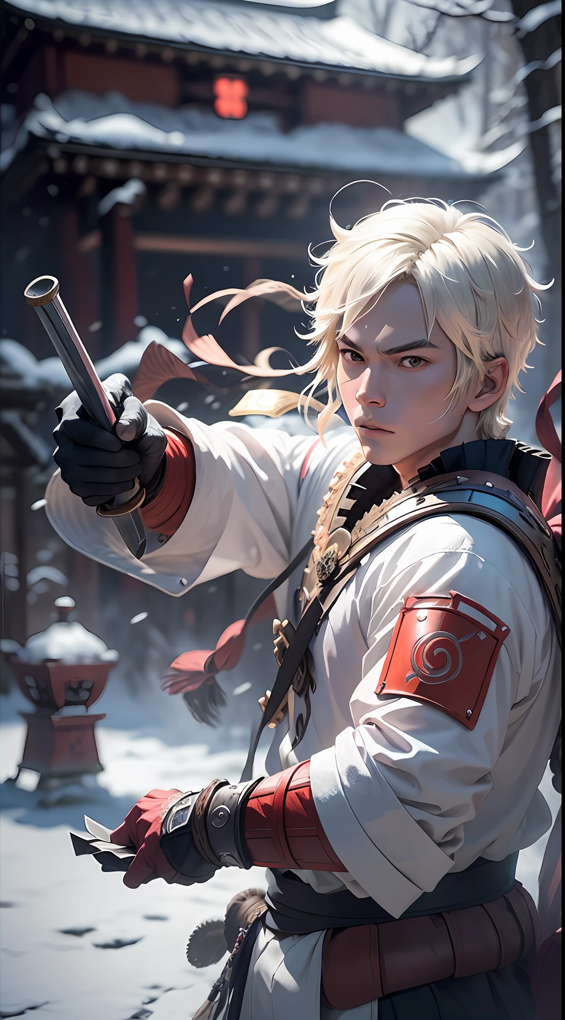 samurai, snowy, a young man from a legendary samurai family who has a secret curse and a sword skill that increases his armor penetration when his HP is low, a temple with enemies and weapons from Free Fire, 16k, epic