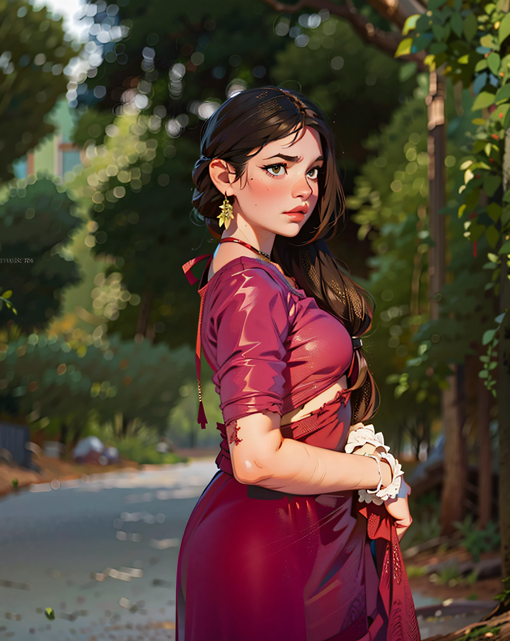 a hyper-realistic portrait of a young woman, half asleep, under a tree, inside a forest, in the middle of nature, 22 years old, realistic, (lying on her side), she is wearing a red panties, (wearing a garter belt and black pantyhose), sexy, (huge breasts 2:1), torn, (all torn), short brown hair, (hair tied with bows), curved, SFW