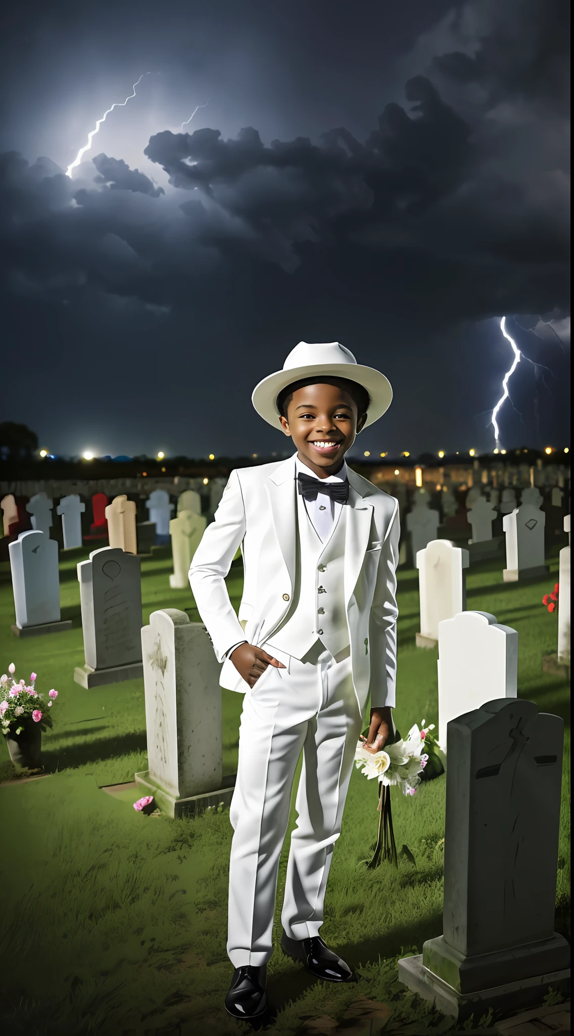 ((1)) adorable little black boy incredibly charming, smile of attack, white suit, red tie, devilish smile, cheerful smile, white Panama hat, with storm in the background, birds flying, enjoying a beautiful rain ride, storm in the cemetery, (((night)), surrounded by beautiful white flowers, tombstones, graves, (((cross)), natural landscapes, photo taken half height. The illustration is in high definition in 8k resolution, with ultra detailed facial features