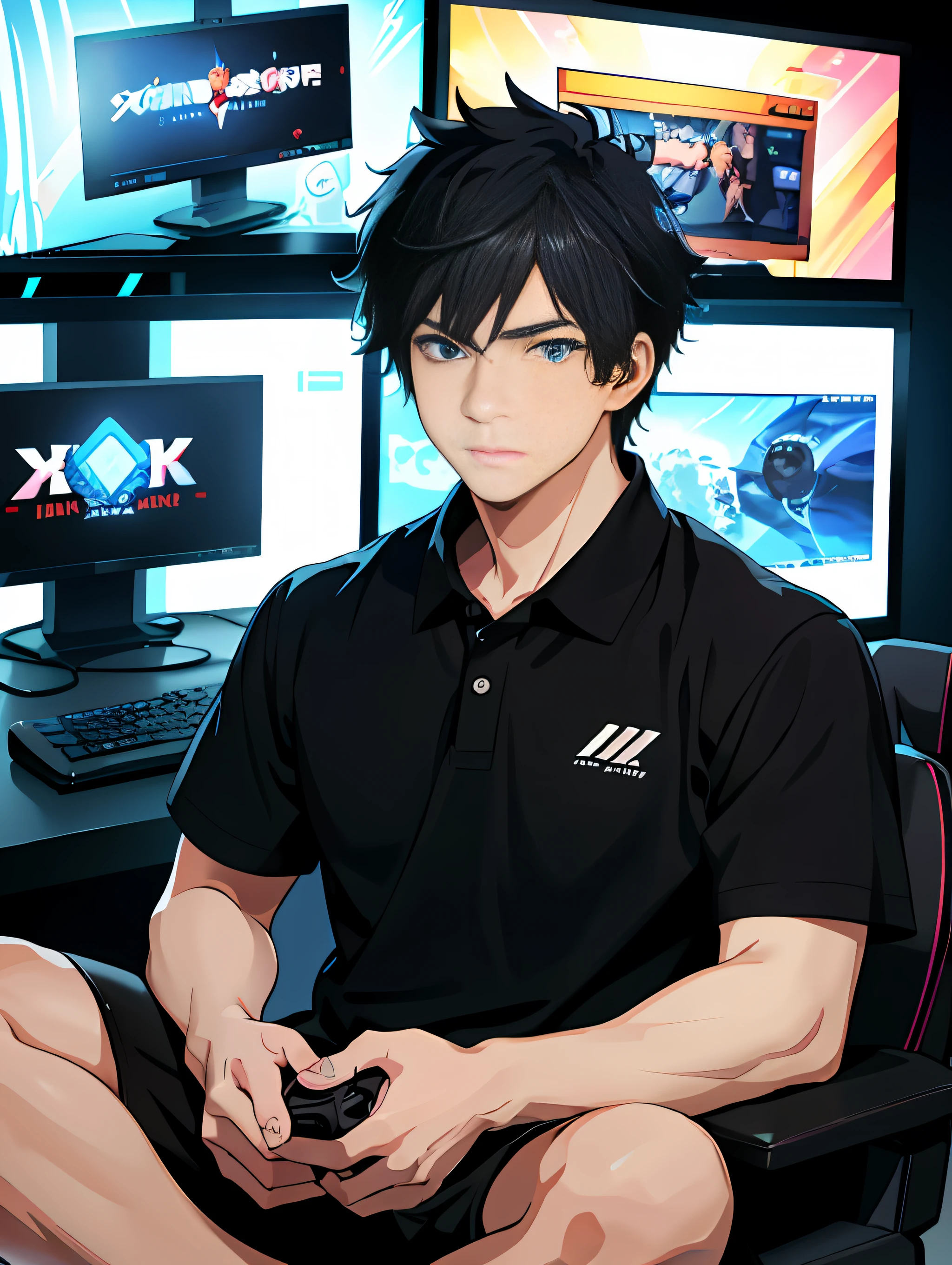 anime guy sitting in front of a computer desk with a game controller, anime moe artstyle, profile picture 1024px, ig studios anime style, digital anime illustration, tall anime guy with blue eyes, high quality anime artstyle, anime style. 8k, key anime art, 8k anime, anime style 4 k, young anime man