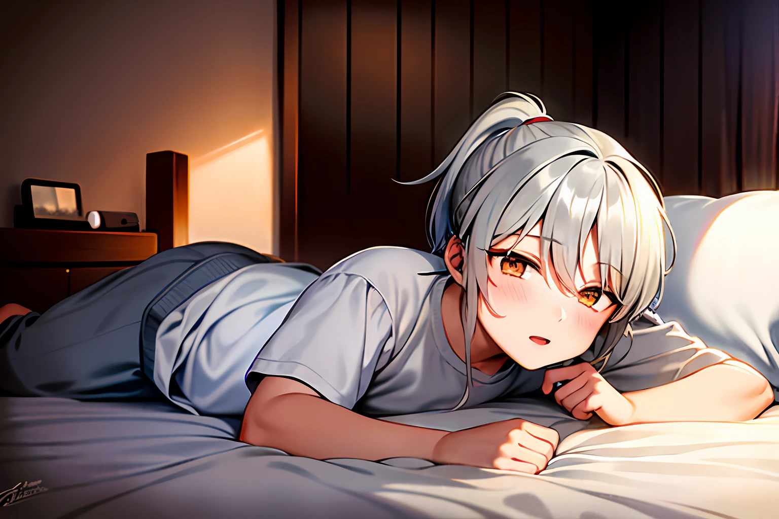 masterpiece, top quality, 1boy, boy, gray hair, ponytail, golden eyes, waking up, on bed, sleepy look