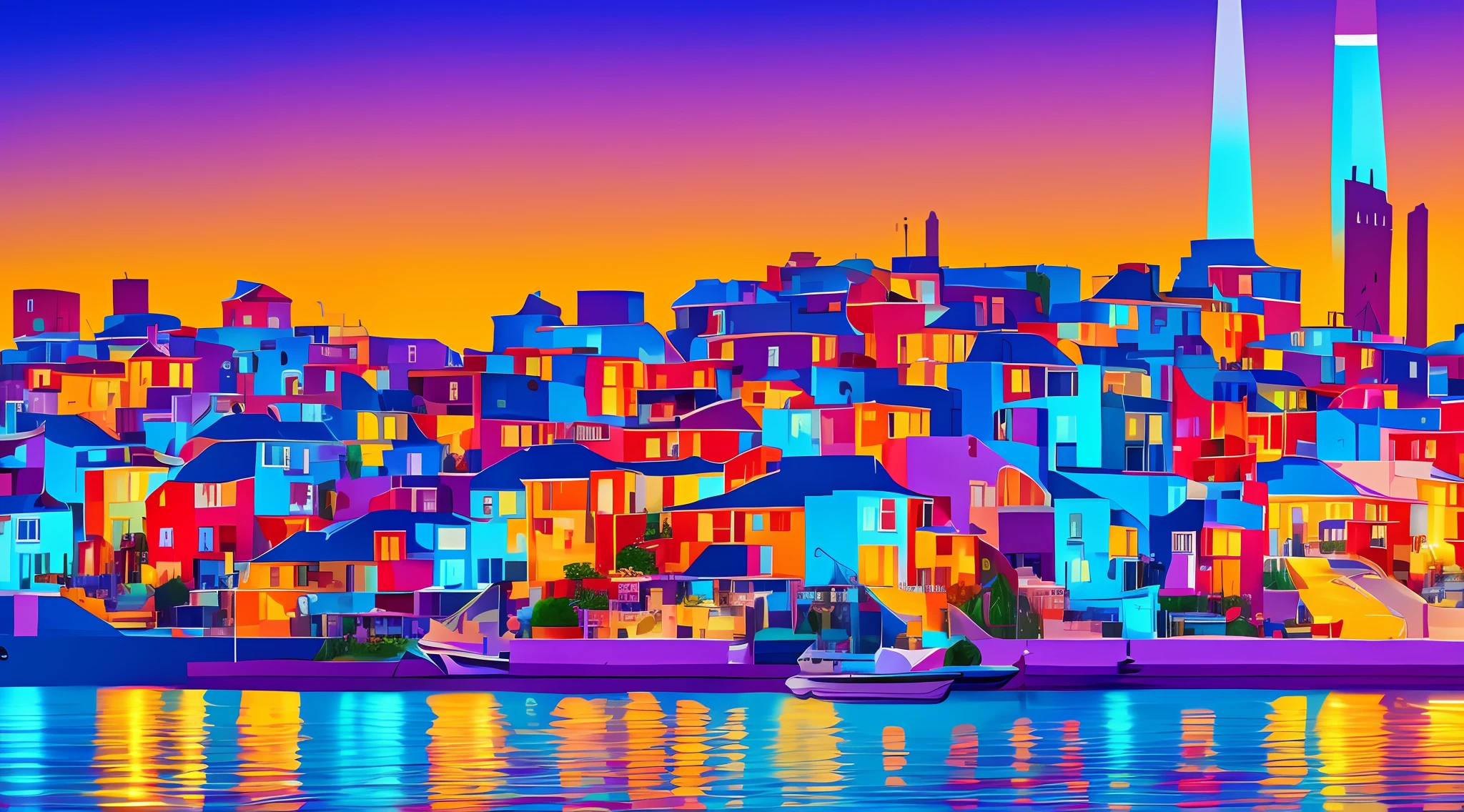 Along the city's waterfront, a vibrant and lively scene unfolds. Colorful buildings stretch as far as the eye can see, creating a mesmerizing skyline against a backdrop of a beautifully colored sky. The diverse architecture of the city adds character and charm, while houses nestled on hillsides offer a unique perspective. The urban favela landscape comes alive with vividly painted houses, showcasing the vibrant spirit of the neighborhood. Through a stylized digital illustration, the cityscape is transformed into a world of immaculate colors, reminiscent of a digital painting of New York. The colorful architecture is bathed in sunlight, with the modest houses in the outskirts shining under its warm glow. This stylized digital art captures the essence of the city's vibrancy and liveliness, creating a scene filled with energy and excitement. --ar 16:9 --v 5