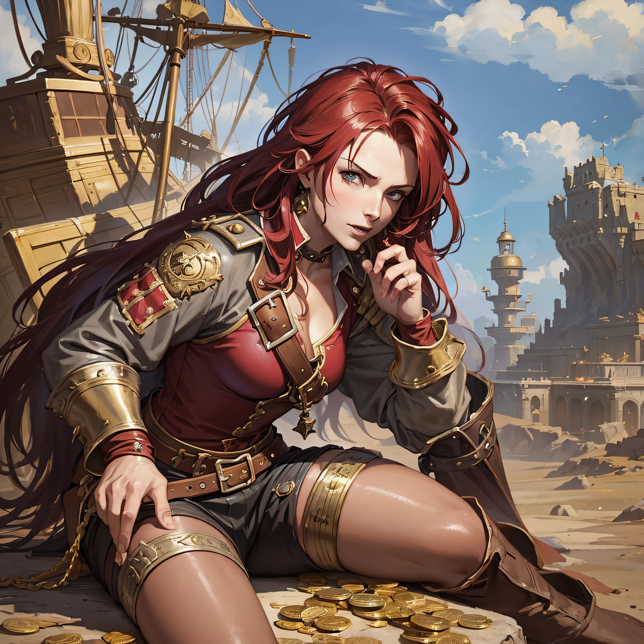 female pirate captain in a red pirate outfit with a red pirate hair lying on a pile of gold coins anime portrait dnd, painting by gaston bussiere, craig mullins, greg rutkowski, yoji shinkawa