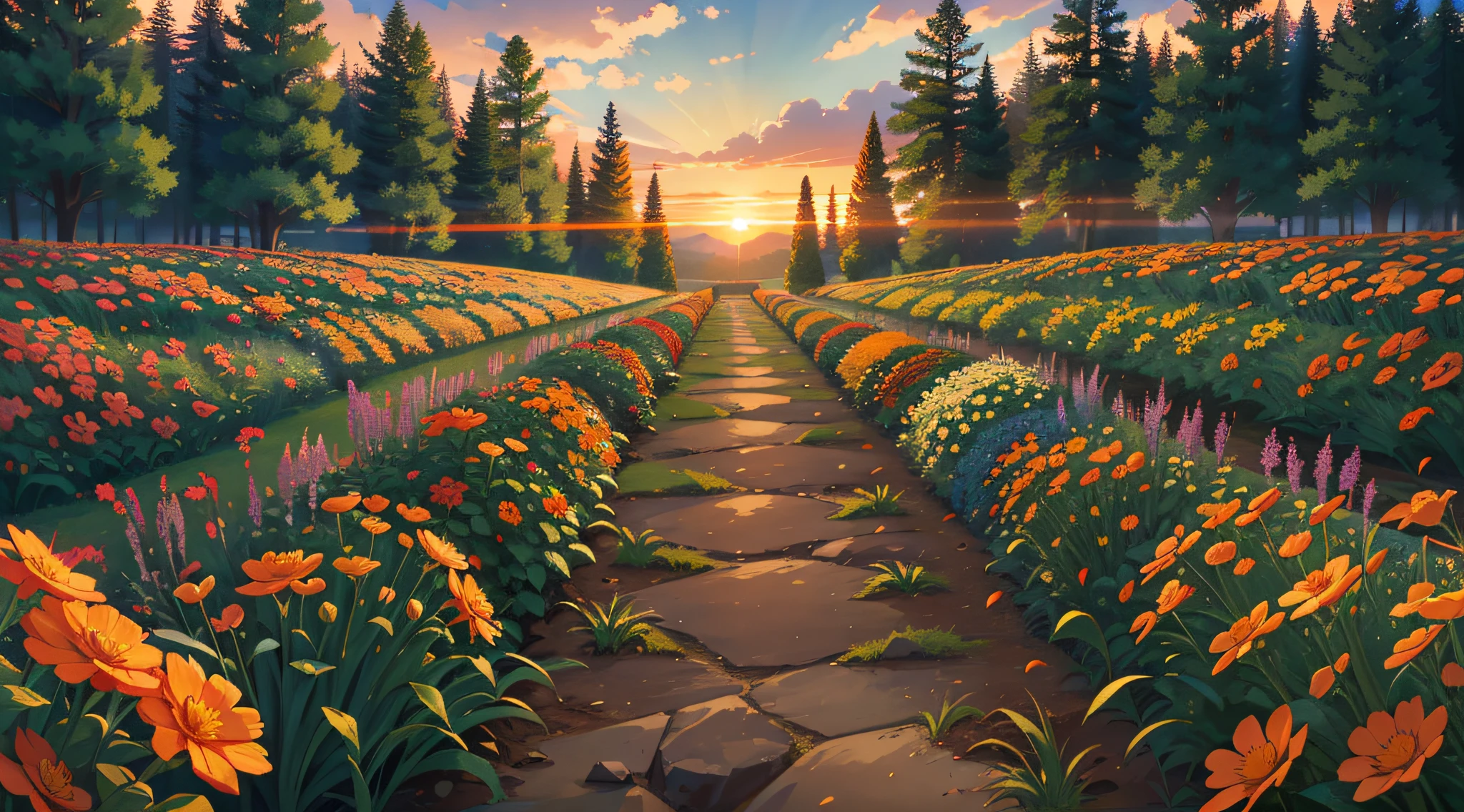 masterpiece, best quality, lycoris, field of flowers, depth of field, twilight, orange sky, sunset, brightness, lake, masterpieces, HD, high quality, best quality, highres, high quality, high details, masterpiece, anime style