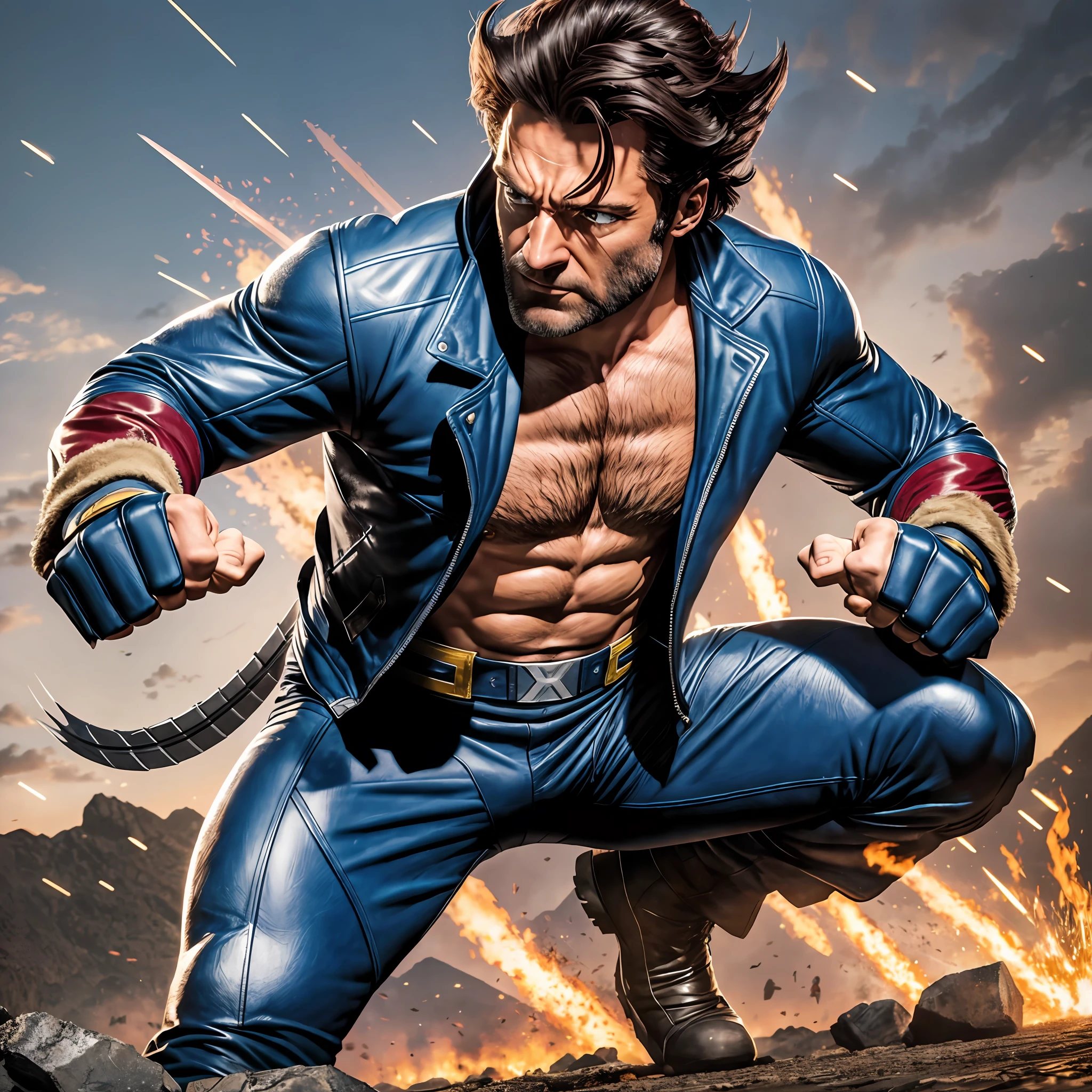 realistic photo of a classic X-Men Wolverine", complete with his iconic claws in a sleek jacket, in an attack position as if ready to fight, with a visually stunning background that highlights his strength and ferocity. The 8K resolution ensures that every detail is captured, making this image a true masterpiece. This image will be the perfect tribute to the character and his lasting legacy in the X-Men franchise. —C 10 —Ar 2:3 --auto --s2