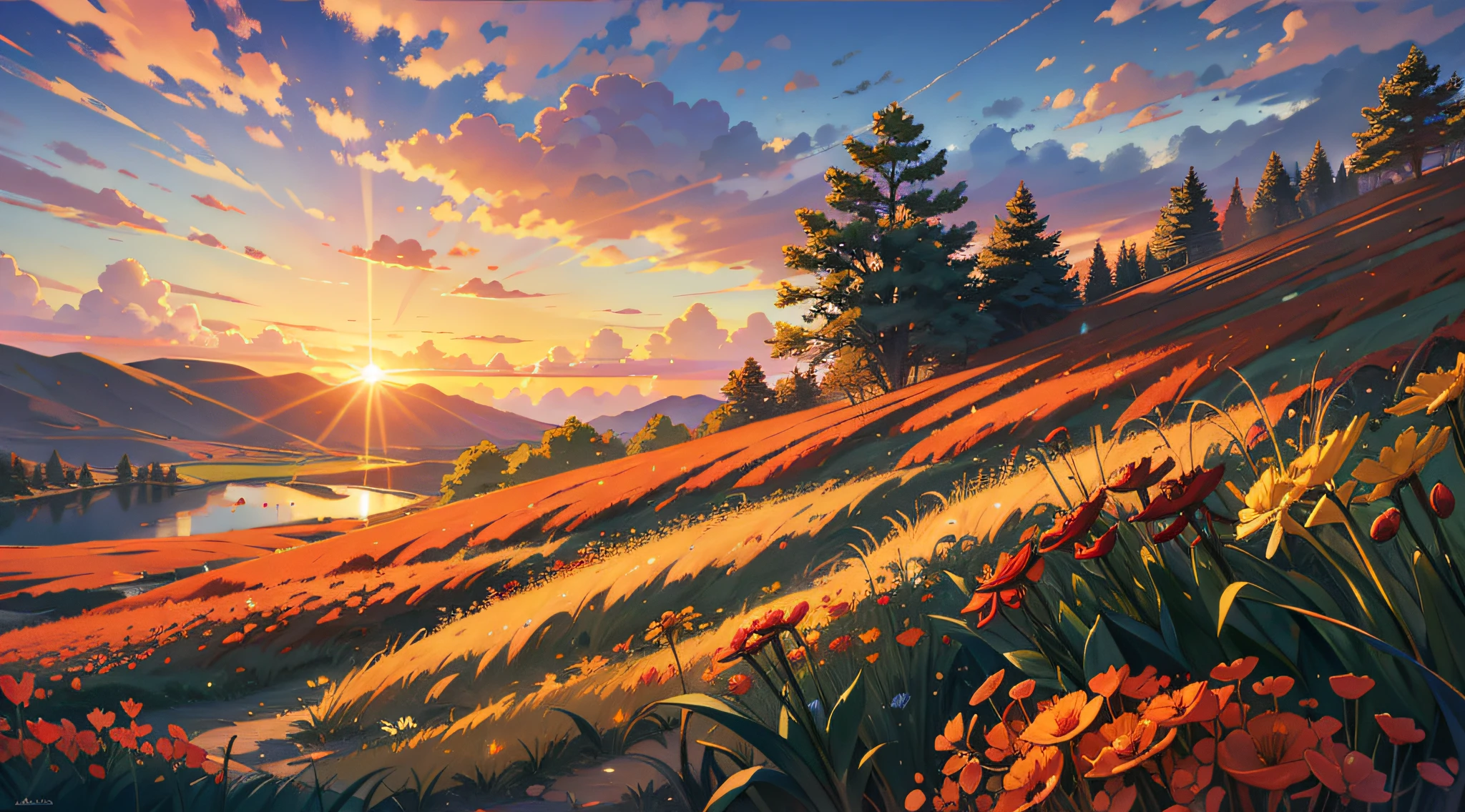 masterpiece, best quality, lycoris, field of flowers, depth of field, twilight, orange sky, sunset, brightness, lake, masterpieces, HD, high quality, best quality, highres, high quality, high details, masterpiece, anime style