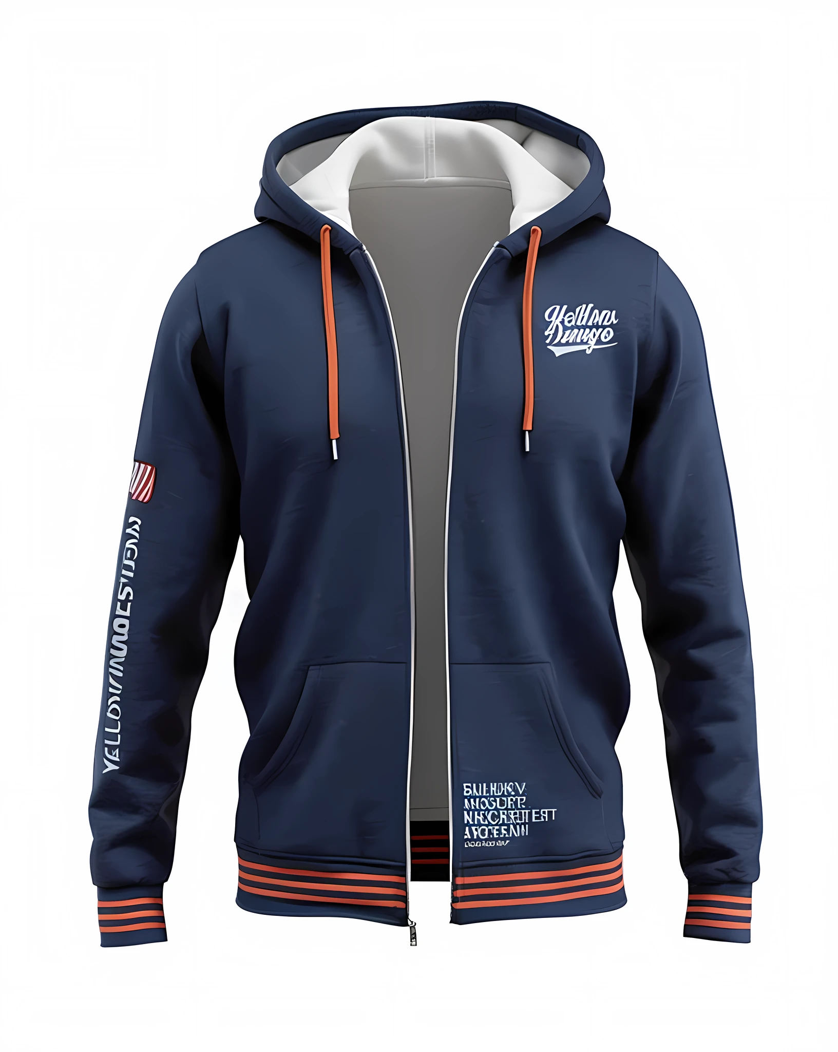 a close up of a blue hoodie with a white and orange hoodie, blue hoodie, highly professionally detailed, highly detailed clothing, wearing a blue hoodie, front portrait, hoody, realistic clothing, grey hoodie opened, hoodie, sports clothing, detailed clothing, sports jacket, wearing hoodie, realistically rendered clothing, very detailed and high quality, blue jacket