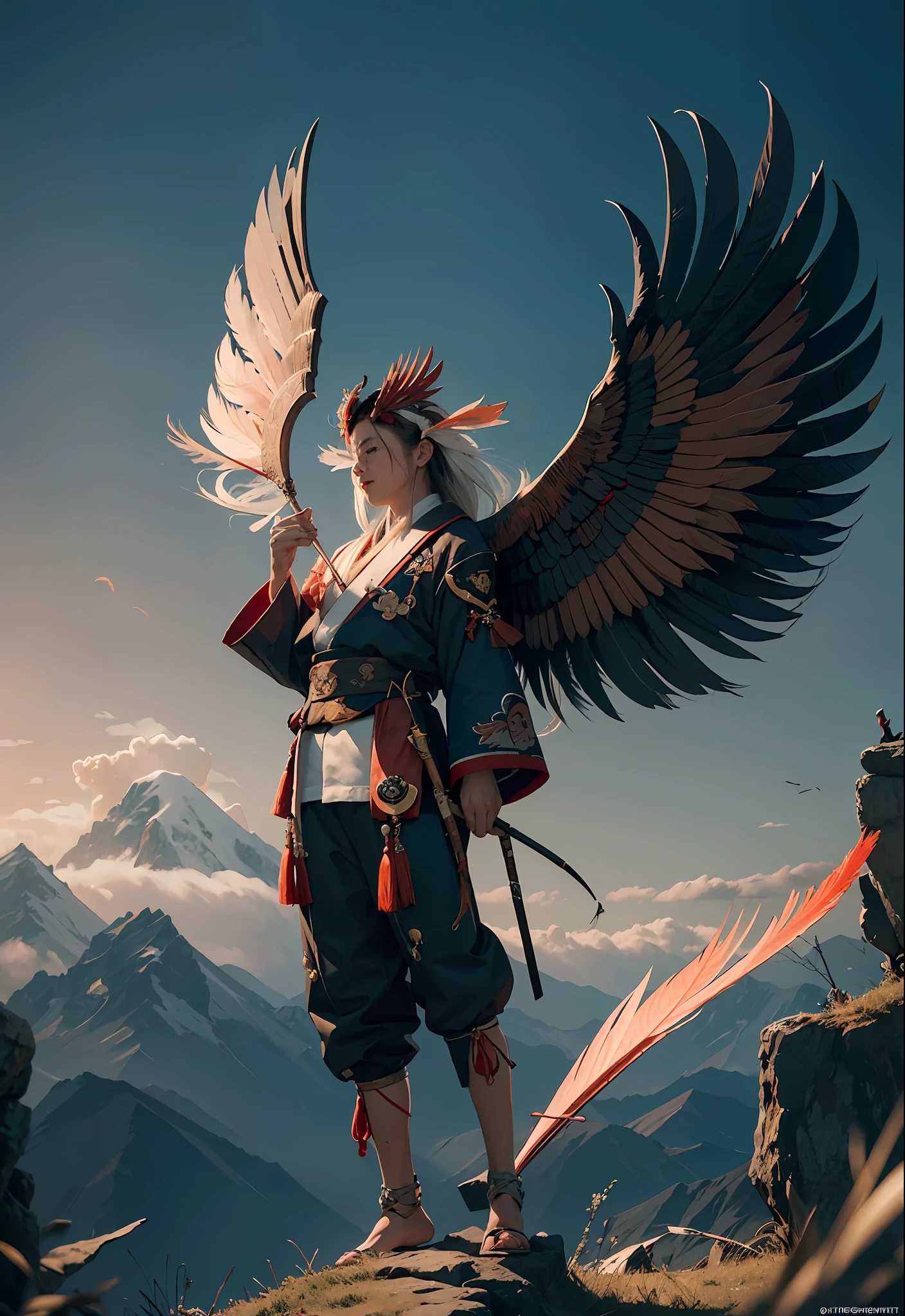 Official Art, Unified 8k Wallpaper, (High Detail), Beautiful and Aesthetic, Masterpiece, Best Quality, Realistic, Tengu Mage, Tengu Feather Fan, Wind Spell, Tengu Familiar, Tengu Mountain, Shinto Magic, Delicate Lighting, Soft Highlights, Low Depth, Eagle