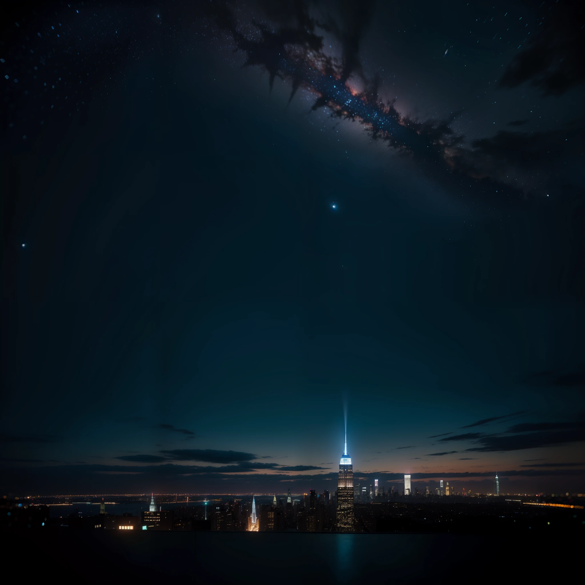 (best quality), view of a tall building in New York City at night, bright city lights, dark and starry sky, strong urban vibe, sharp shadow, dynamic perspective, night city image filter.