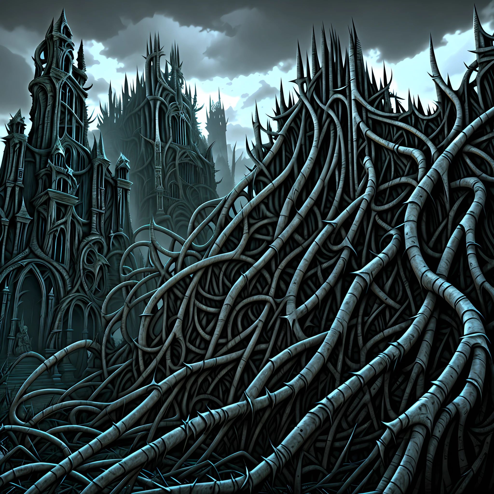 horror art landscape, evil sculptures, complex biomechanical monuments, biomorphic Sculptures, spiked walls, tombs of madness cemetery, thorns, artstation, uhd, unreal engine, line art drawing style.