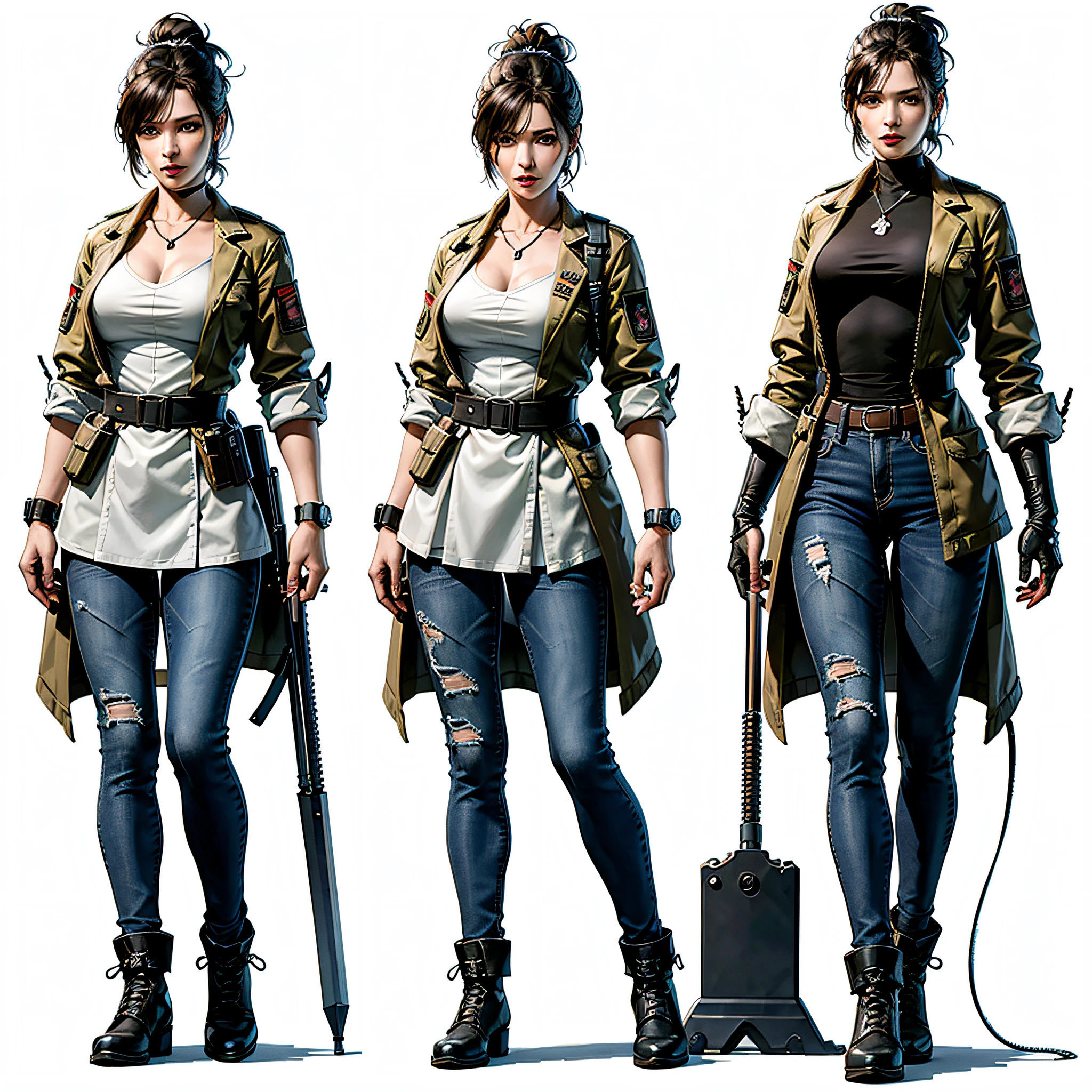 character ANIME WOMAN, FULL BODY, standing, ((design sketches)), (masterpiece), black hair stuck, samurai bun, extremely detailed, (original design, medical), (medica poses), NURSE (unique accessories, jeans, white medical coat), professionally retouched, white background, (female: 1.1), (dirty: 1.1), (movement: 0.8), (young: 1.3), (sprint: 0.6) (the walking dead concept) (Naomi Metal gear solid concept) (resident evil concept) --auto --s2