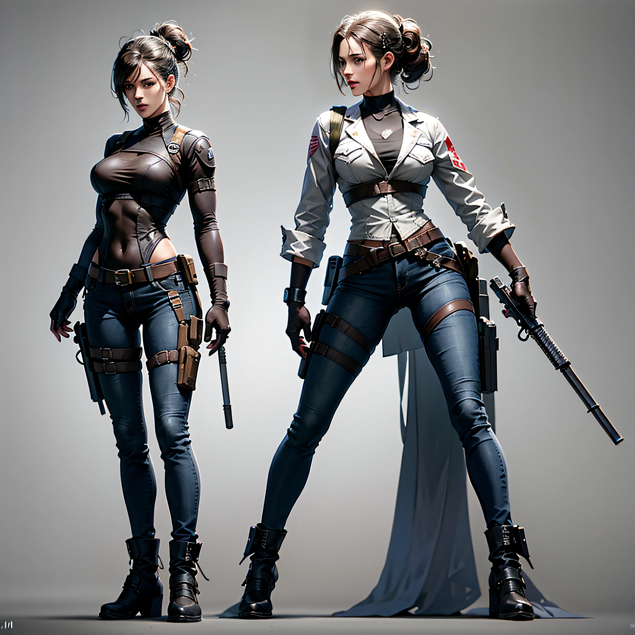 character ANIME WOMAN, FULL BODY, standing, ((design sketches)), (masterpiece), black hair stuck, samurai bun, extremely detailed, (original design, medical), (medica poses), NURSE (unique accessories, jeans, white medical coat), professionally retouched, white background, (female: 1.1), (dirty: 1.1), (movement: 0.8), (young: 1.3), (sprint: 0.6) (the walking dead concept) (Naomi Metal gear solid concept) (resident evil concept) --auto --s2