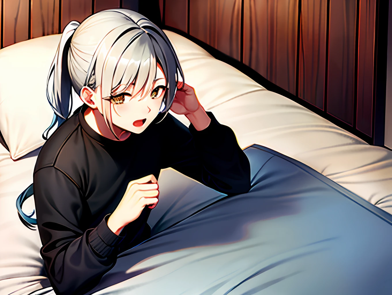 Masterpiece, highest quality, 1boy, boy, gray hair, ponytail, golden eyes, waking up, on bed, sleepy face, yawning
