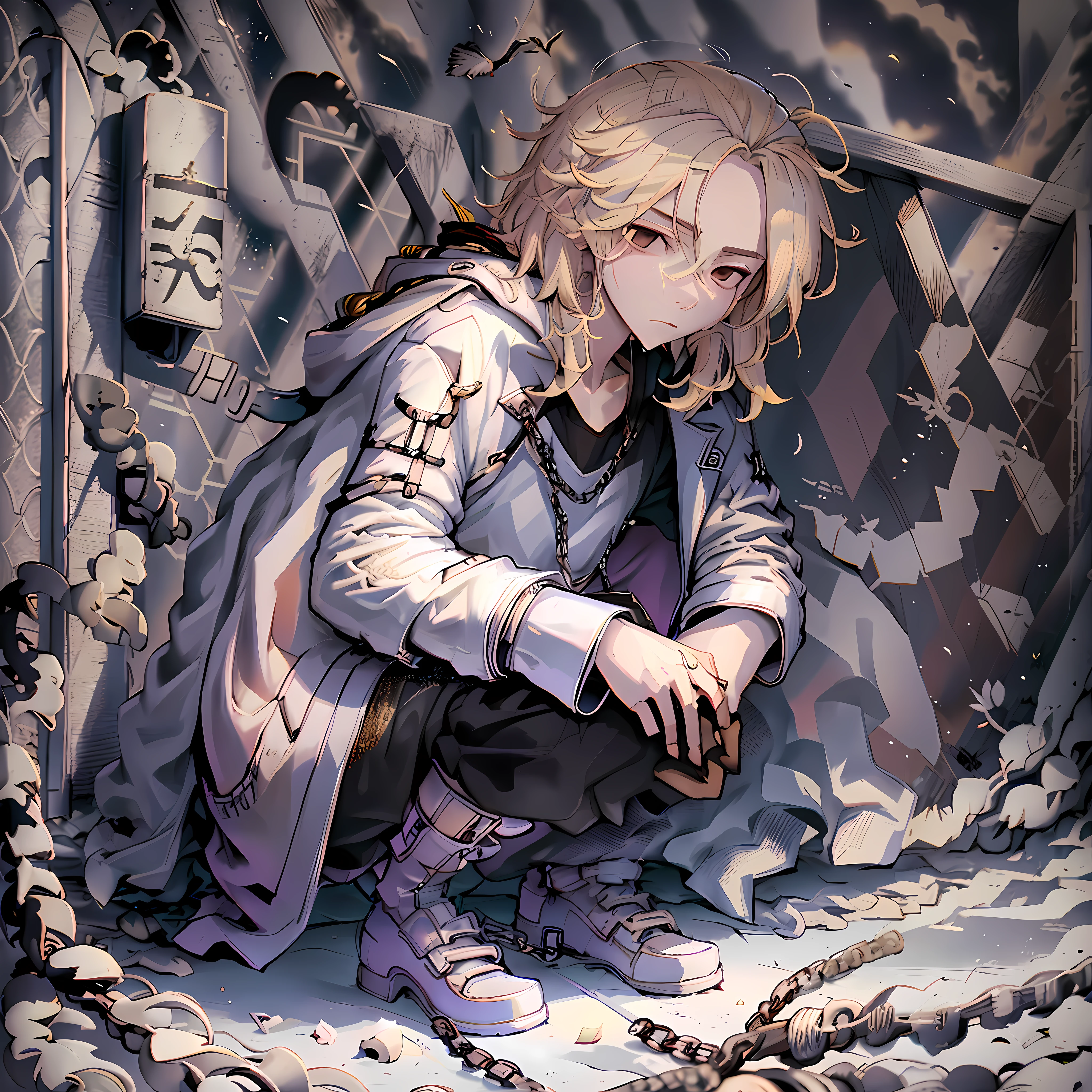 mikey, manjiro_sano, tokyo_revengers, 1boy, male focus, blonde hair, black eyes, squatting, pants, shirt, long sleeves, solo, white shirt, full body, jacket, outdoors, hair over one eye, jacket on shoulders, long hair, looking at viewer, closed mouth, empty eyes, black pants, coat, medium hair, white footwear, coat on shoulders, feathers, fence, bird, shoes, chain-link fence