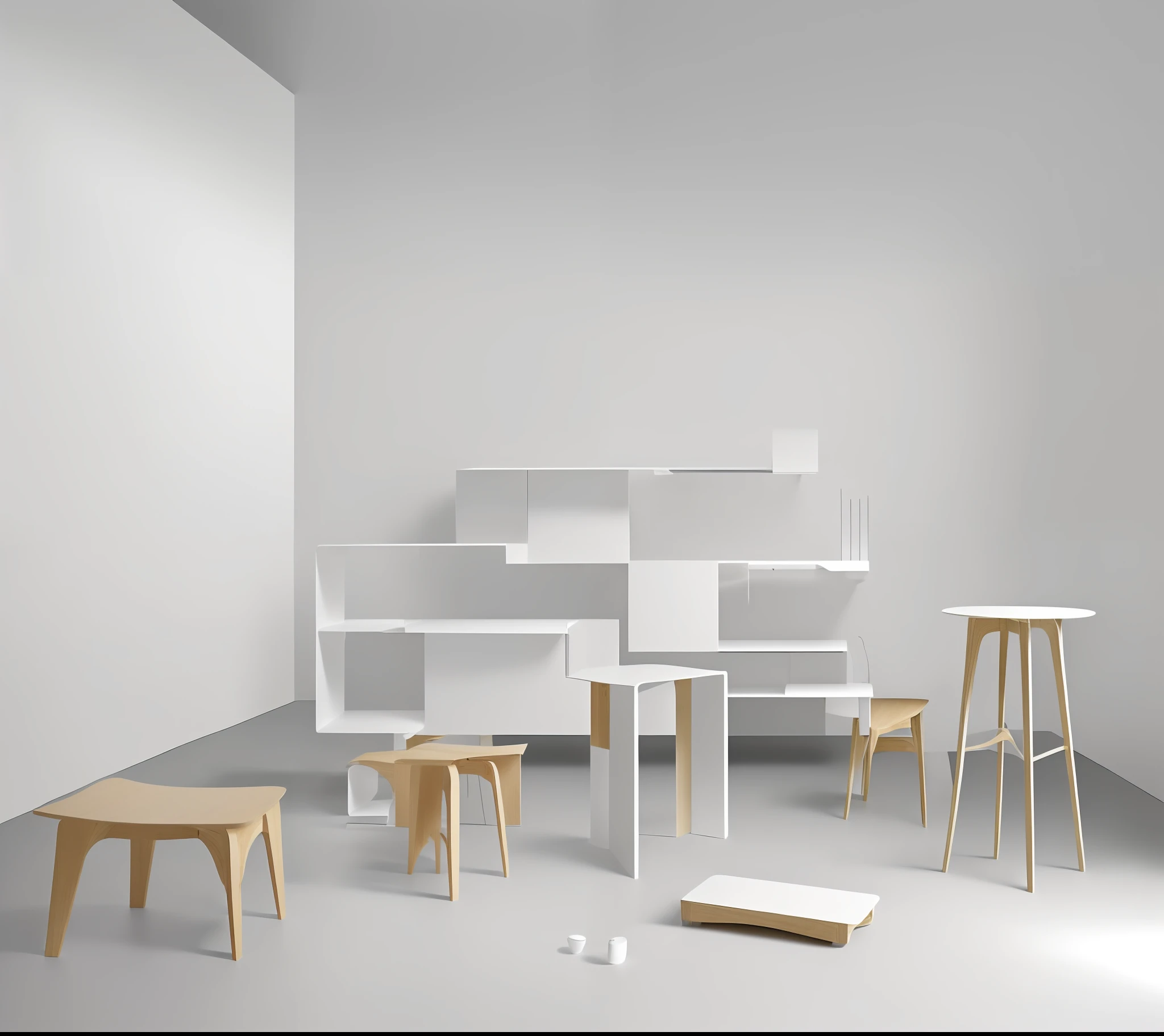 (Top Quality, 8k, Masterpiece: 1.3, Minimalistic, Studio Photo Setting, 1 image contain 8 iterations. 8 style of designs in 1 pic, Ultra crisp clear, Ultra super Refined, Unique Wooden Furniture, , White Background: Flat, No Wrinkles, No Shadows, Artwork: Center, Horizontal, Distance and Angle Adjustment, Lighting: Uniform, Accurate, No Overexposure or Reflection, Camera: Low ISO, F8-F11 Aperture, 1/60-1/125 Shutter Speed, Auto or White Balance, Very minimal and simple settings. With a minimalist style, it often surprises and delights viewers. I believe that it makes every day very interesting and rich. That's why designs that evoke these feelings observe everyday objects and situations with curious and fresh eyes and try to find new ways to reinterpret or enhance. Using Parametric and algorithmic approach for designing to Generate the following series of furnitures containing Shelving unit, clothes hanger, Side Table, Cabinet, Light weight wooden 棚, Stools etc :