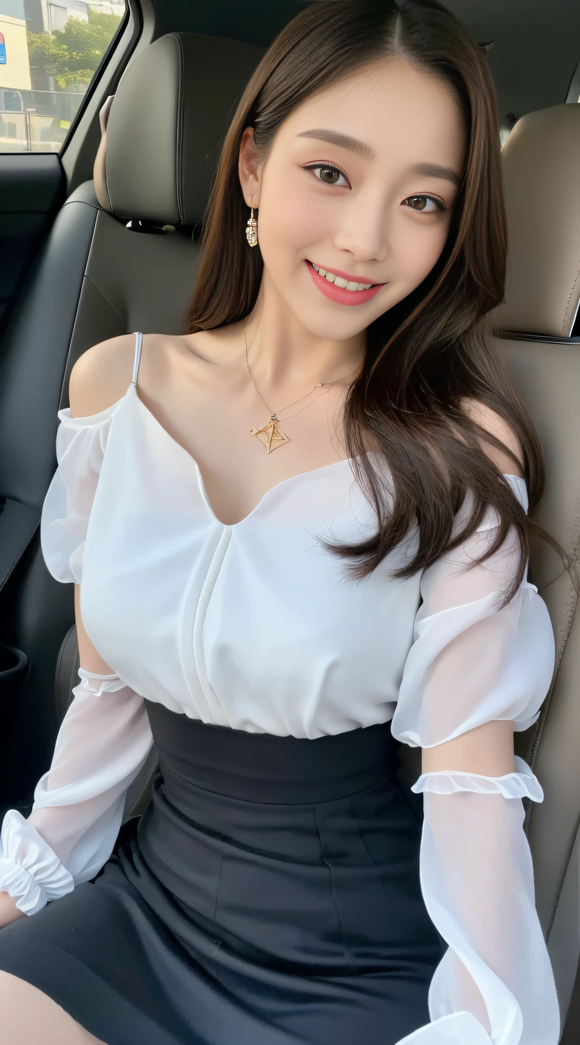 ((top quality, 8k, masterpiece: 1.3)), focus: 1.2, perfect body beauty: 1.4, buttocks: 1.2, ((delicate hair)), (chiffon blouse: 1.1), (PRADA shoulder bag), high-waisted leather tight skirt, fleshy body, (sports car, street: 1.2), highly detailed face and skin texture, fine eyes, double eyelids, Whitened skin, big, smiling, wearing necklace, ring, people sitting in car with buttocks up, sexy pose