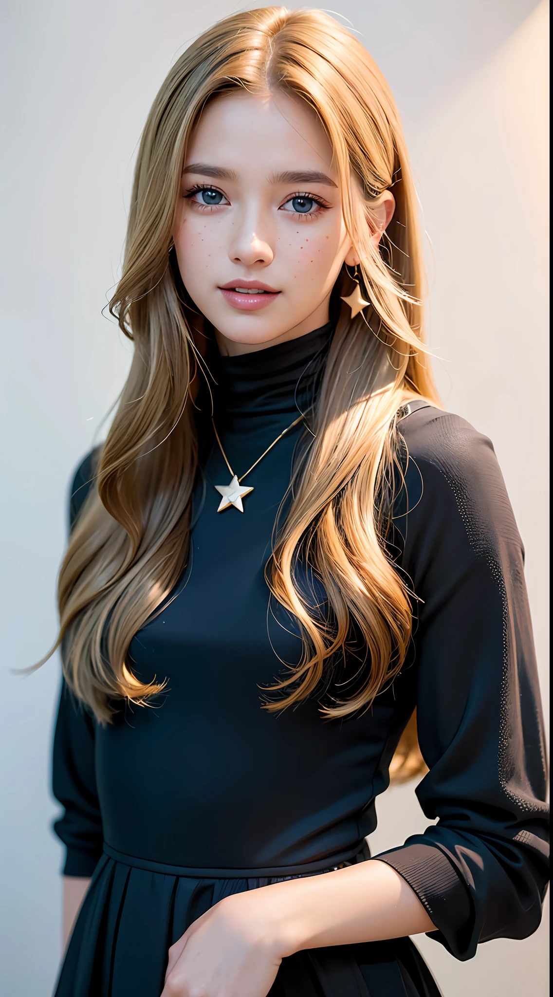 A photograph of a beautiful ((17 years)) German woman, award-winning photo, best quality, portrait by Annie Leibovitz, Canon 5D Mark II, film, professional photography, (rich colors: 1.1), hyper realistic, realistic texture, (natural lighting: 1.1), (Canon EF 85mm f/1.4L IS USM), black dress, full body, standing, face lightly made up, extra long hair, long hair, brown hair mixed with blonde, slightly wavy hair, bright blue eyes, rounded eyes, western woman, thick lips, tanned skin, shy, beautiful smile, long eyelashes, extremely detailed eyes and face, realistic pupils, light freckles on the face, star earrings, bracelet with star pendant, cord with star pendant (Increase body line mood:1.1), (increase the quality of cinematic lighting: 0.9), (Increase the beauty of skin texture:1.1), smooth white background wall