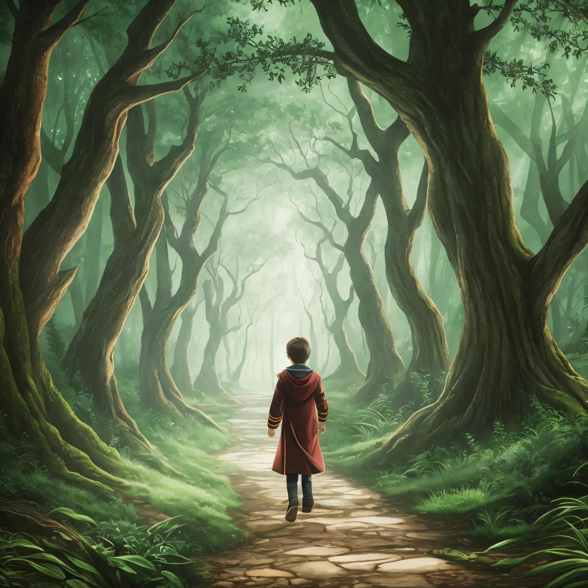 harry potter jr walking in the enchanted forest, wand and magical animals --auto --s2
