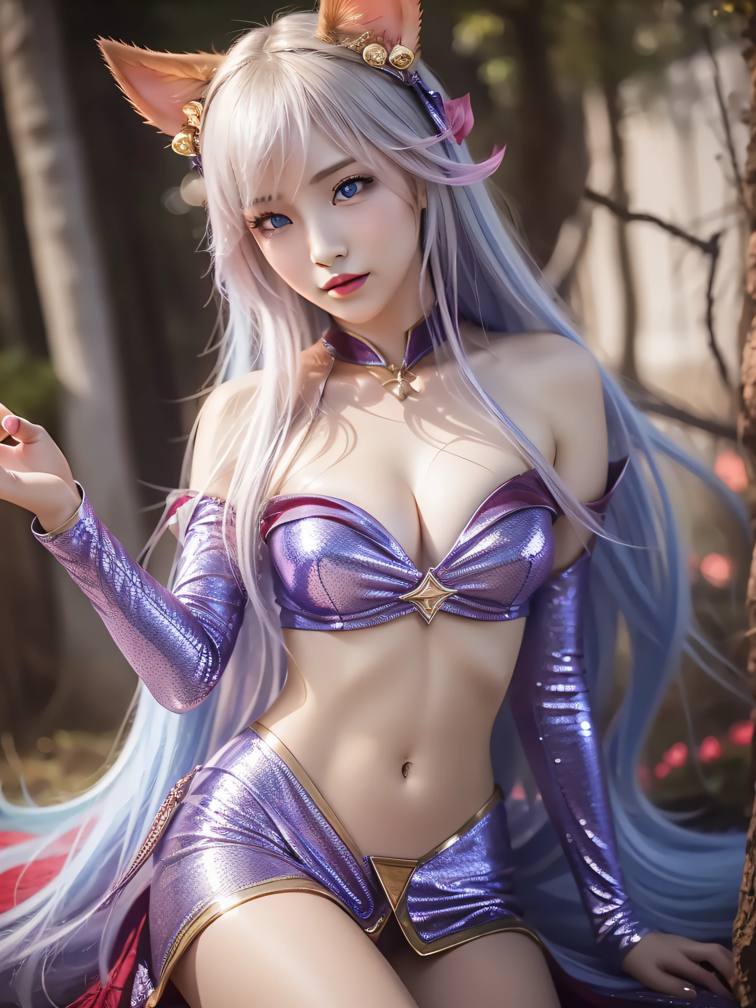 Highly detailed, High Quality, Masterpiece, beautiful, sharp focus, shiny skin, medium breasts, ahri from league of legend, armor, blue eyes, red lipstick, ulzzang-6500-v1.1