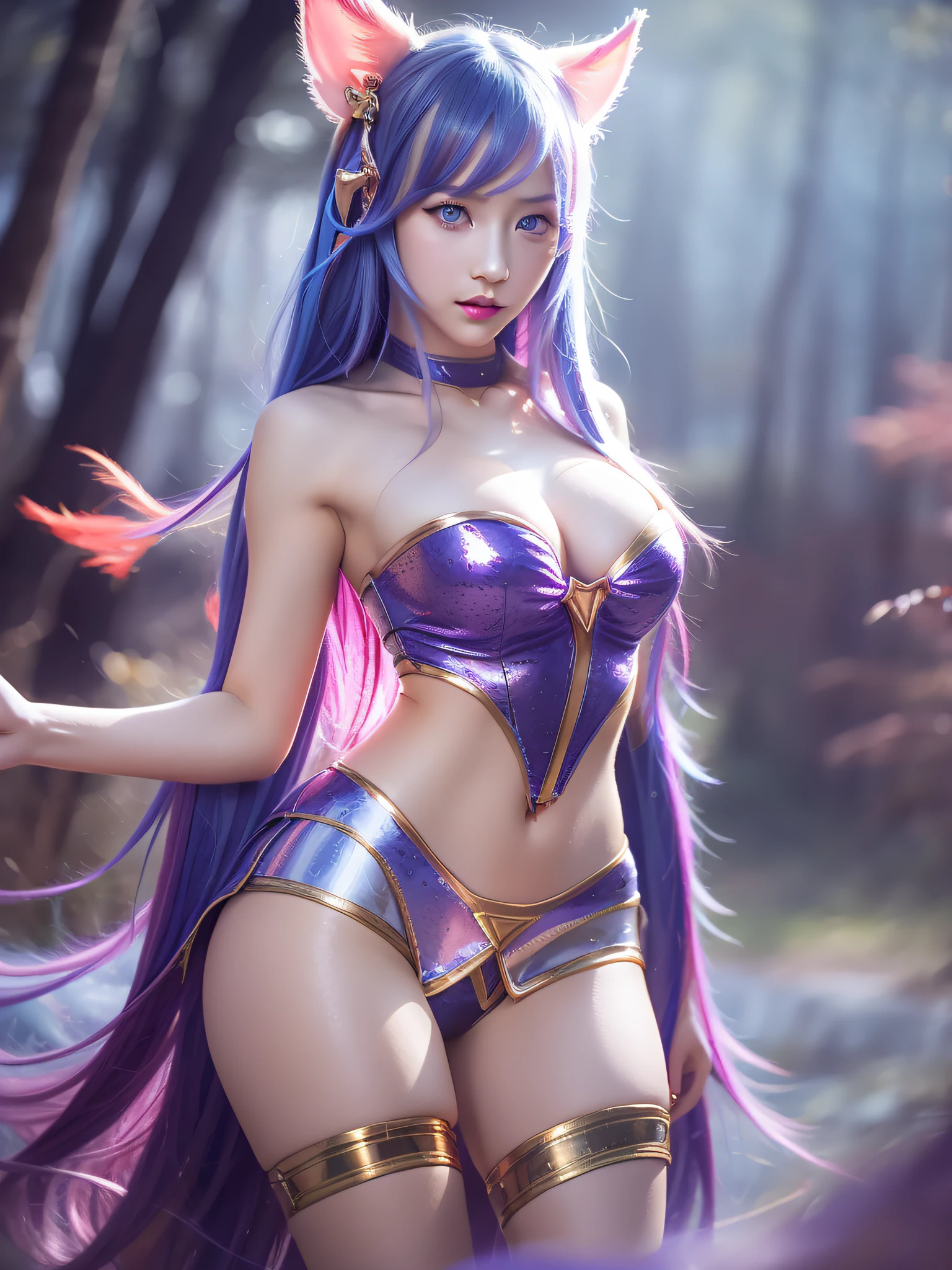 Highly detailed, High Quality, Masterpiece, beautiful, sharp focus, shiny skin, medium breasts, ahri from league of legend, armor, blue eyes, red lipstick, ulzzang-6500-v1.1