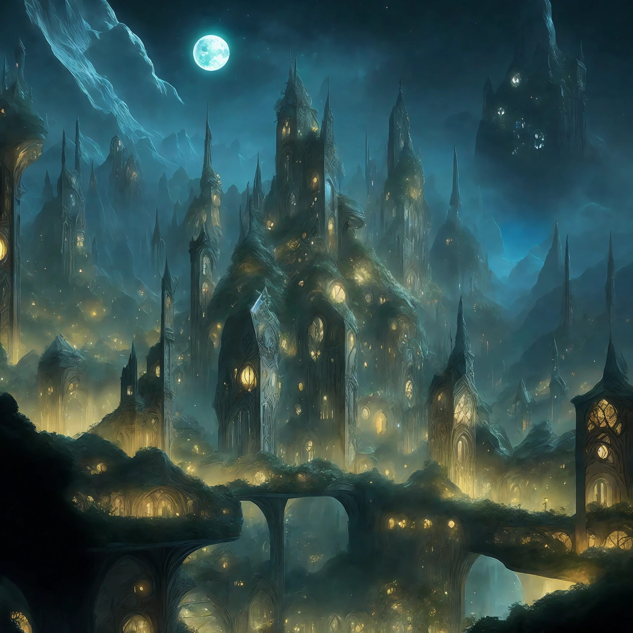 Luminara, the City of Mirrors: Luminara is known for its buildings covered in mirrors, which reflect the light of the moon and stars, creating a magical setting at night. Hanging gardens and mirrored cascades add a touch of ethereal beauty to this elven city.