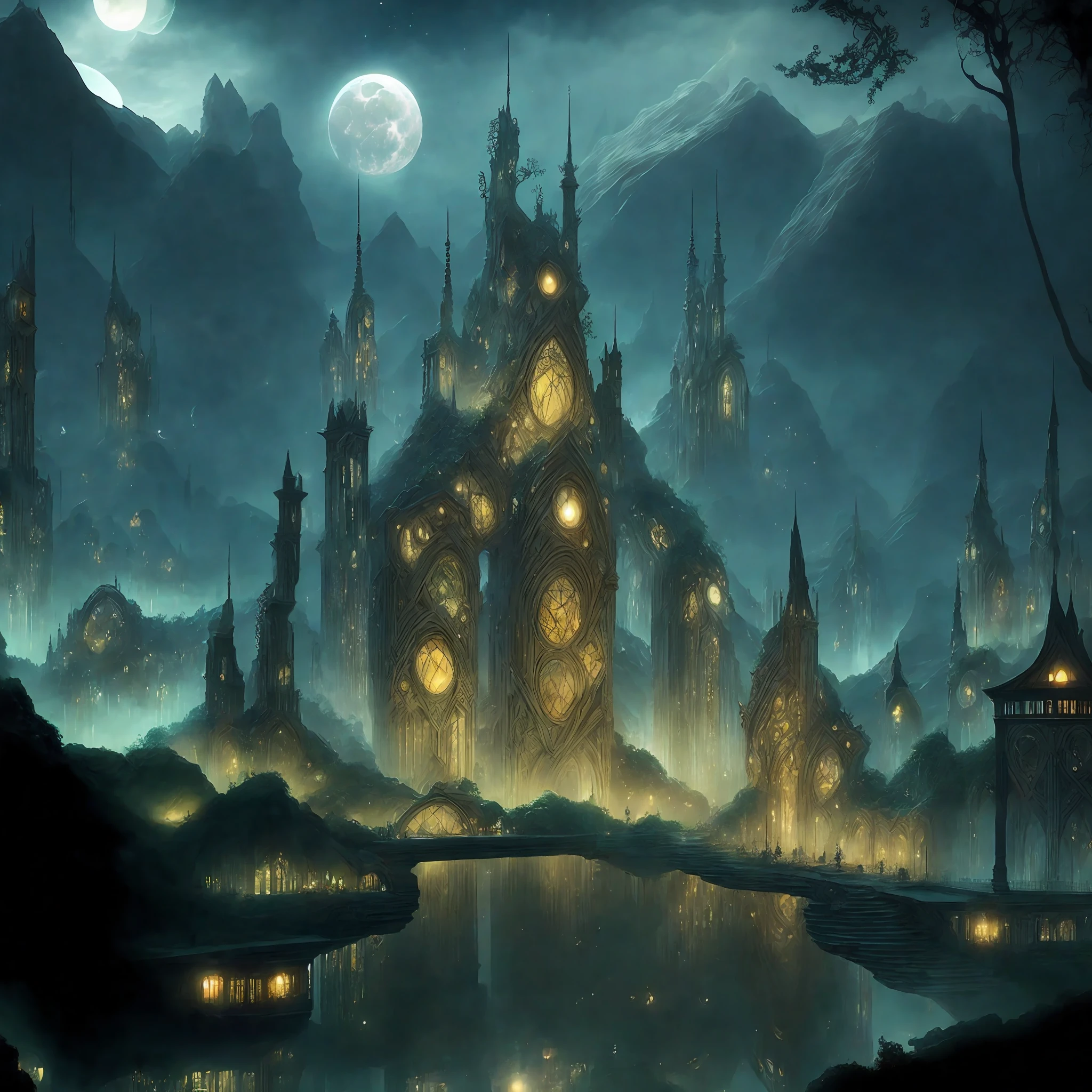 Luminara, the City of Mirrors: Luminara is known for its buildings covered in mirrors, which reflect the light of the moon and stars, creating a magical setting at night. Hanging gardens and mirrored cascades add a touch of ethereal beauty to this elven city.