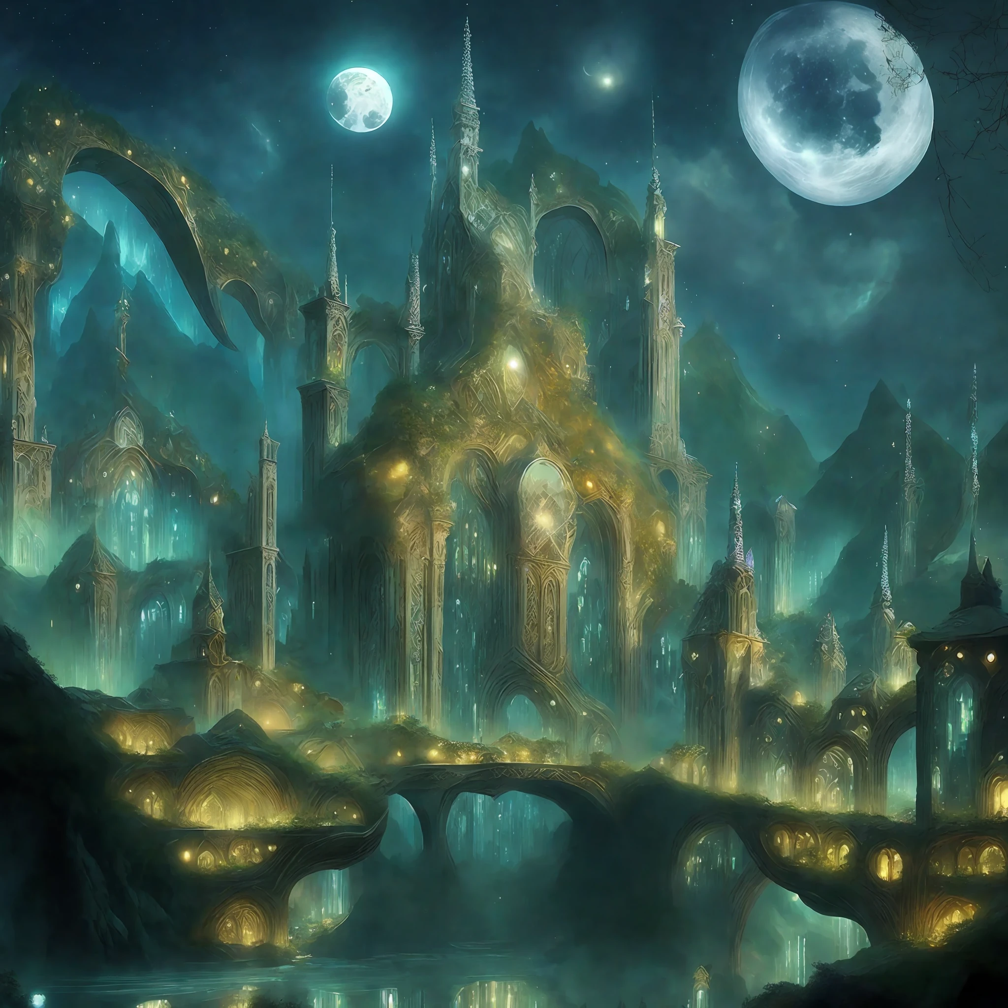 Luminara, the City of Mirrors: Luminara is known for its buildings covered in mirrors, which reflect the light of the moon and stars, creating a magical setting at night. Hanging gardens and mirrored cascades add a touch of ethereal beauty to this elven city.