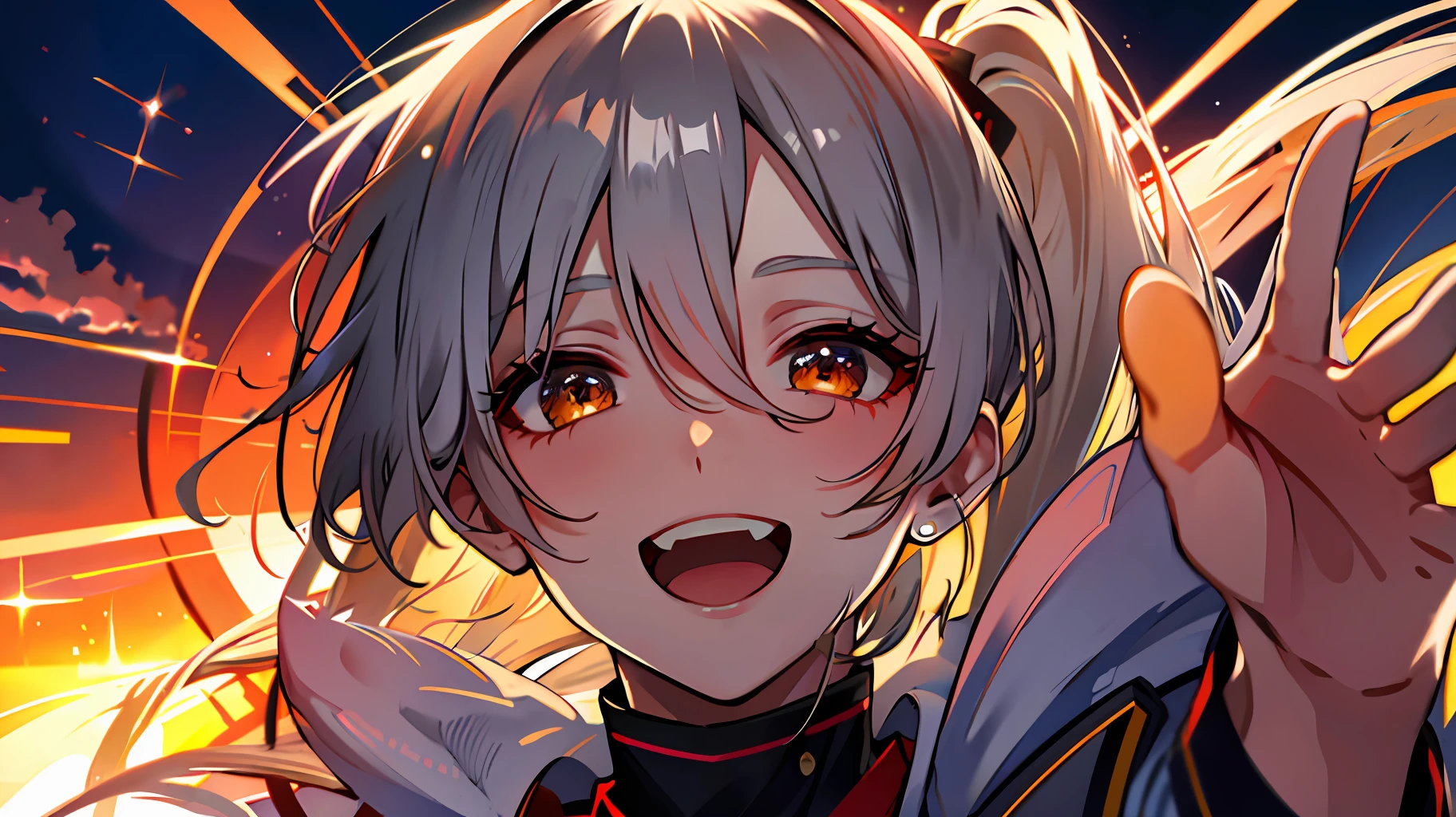 masterpiece, top quality, 1boy, sunset sky, fantastic, gray hair, ponytail, center of the screen, facing here, smiling with open mouth