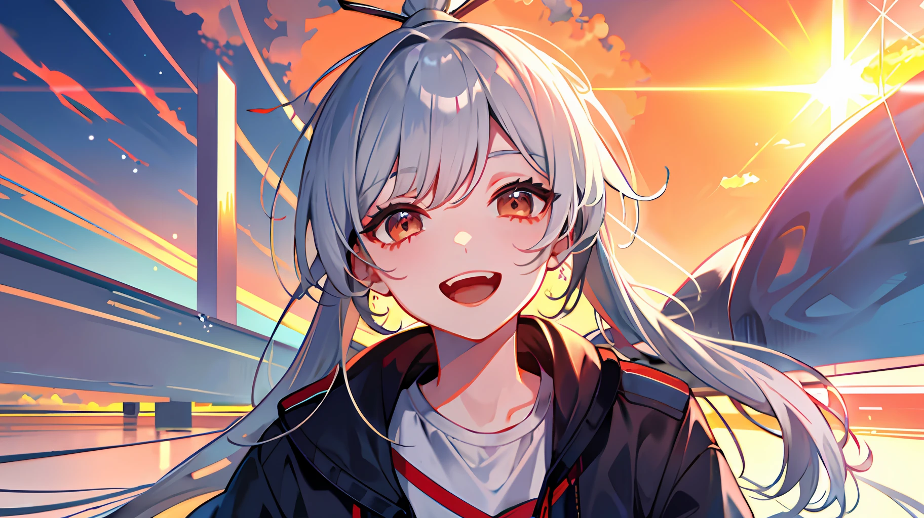 masterpiece, top quality, 1boy, sunset sky, fantastic, gray hair, ponytail, center of the screen, facing here, smiling with open mouth