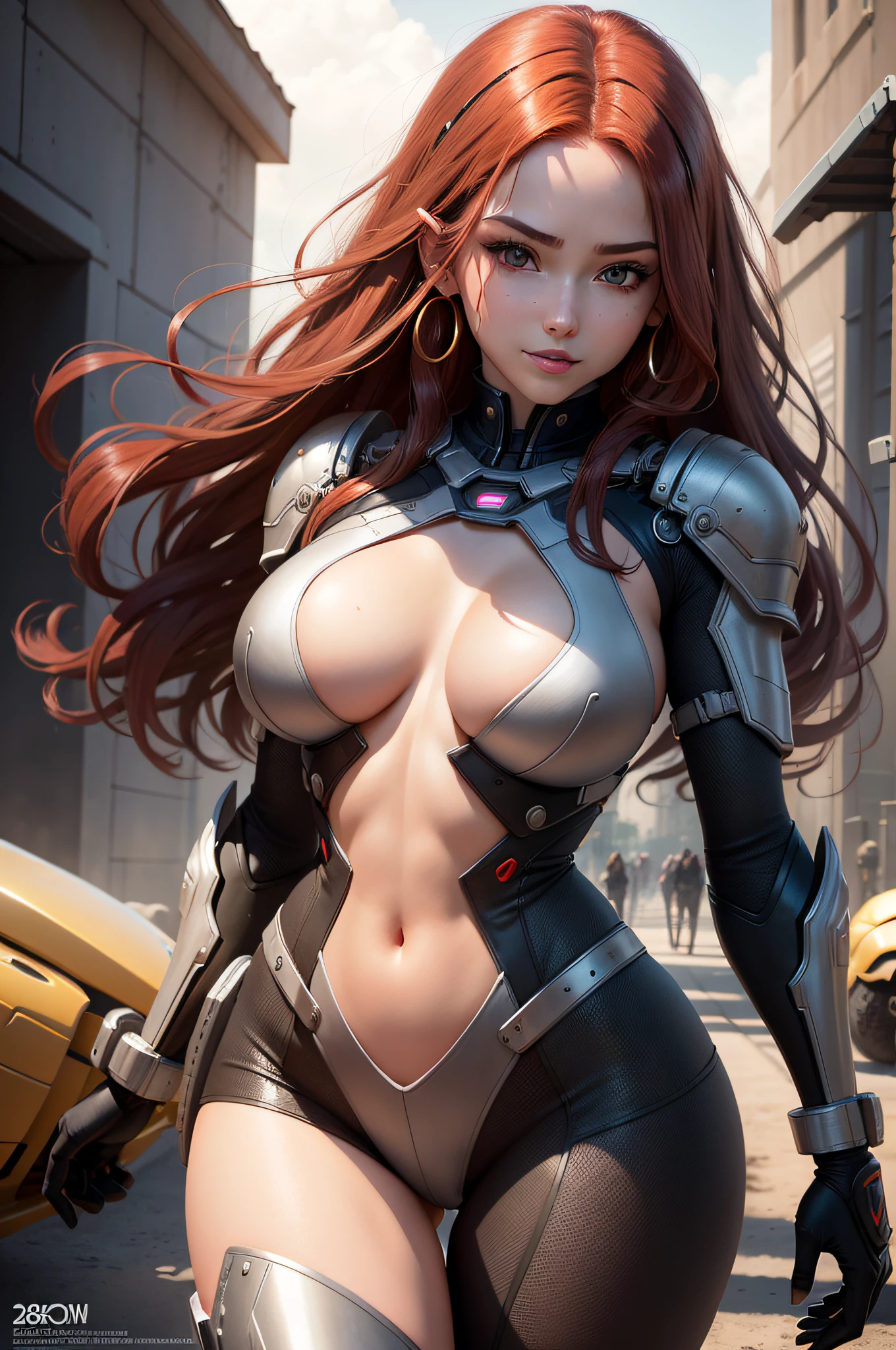 Girl wearing futuristic combat suit, extremely tight costume, wearing thin-framed round glasses, red hair, ((big chest, 18 year old girl, beautiful)), ((big breasts, big neckline showing part of breasts)). Full body image. Photorealistic face, realistic, realistic eyes, smile. In the background futuristic war scenario, with giant robots,(high resolution:1.0), beautiful lighting, perfect lighting, realistic shadows, [highres], detailed skin, ultra-detailed, open legs, legs up, curved, large earring, thighs, (beautiful long red hair), soft navel, soft belly, soft back, angle from above, blush, photorealistic, realistic face, realistic eyes, small eyes, malicious smile (((ultrarealistic style))) ((neckline))),  (eyeliner), (mascara). --auto --s2