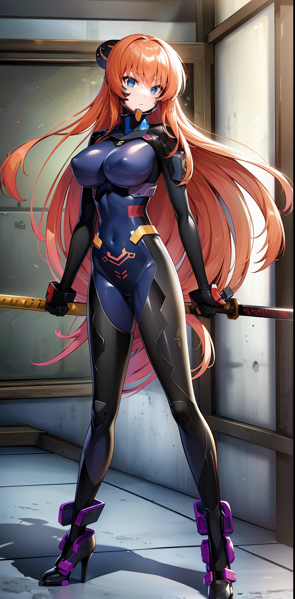 ((sfw)), best_quality, character_sheet, (beatiful_body), standing, (Fortified_suit), 1girl, solo, (masterpiece), high_definition, 8k, hd, game, full_body, (art), (hangar), (posing), katana, (hand_on_weapon), detailed_body, smug, Gintama, (Kagura), (navy_fortified_Suit), ginger_hair, long_hair, (black_plugsuit), (black_plugsuit), latex, big_breasts, high_heels, (sexy)