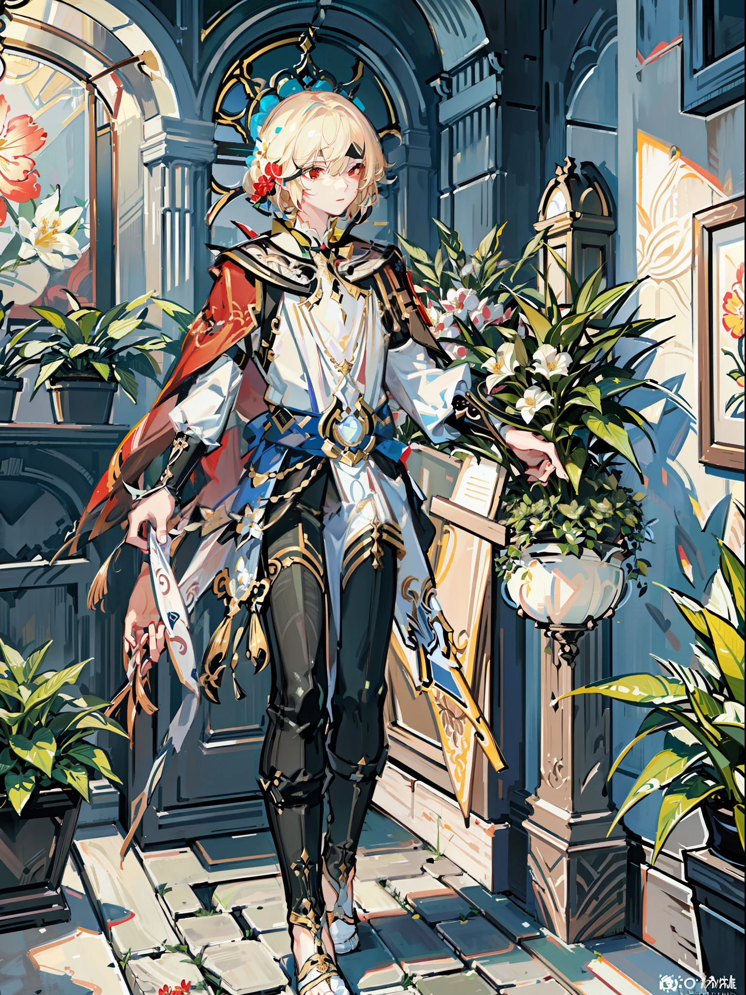 extremely delicate and beautiful, Amazing, finely detail, masterpiece, ultra-detailed, highres,best illustration, best shadow,intricate,sharp focus, high quality, 1male, solo, blond hair. red eyes, kaveh genshin impact, flowershop front, flowers in pots, flowers for sale