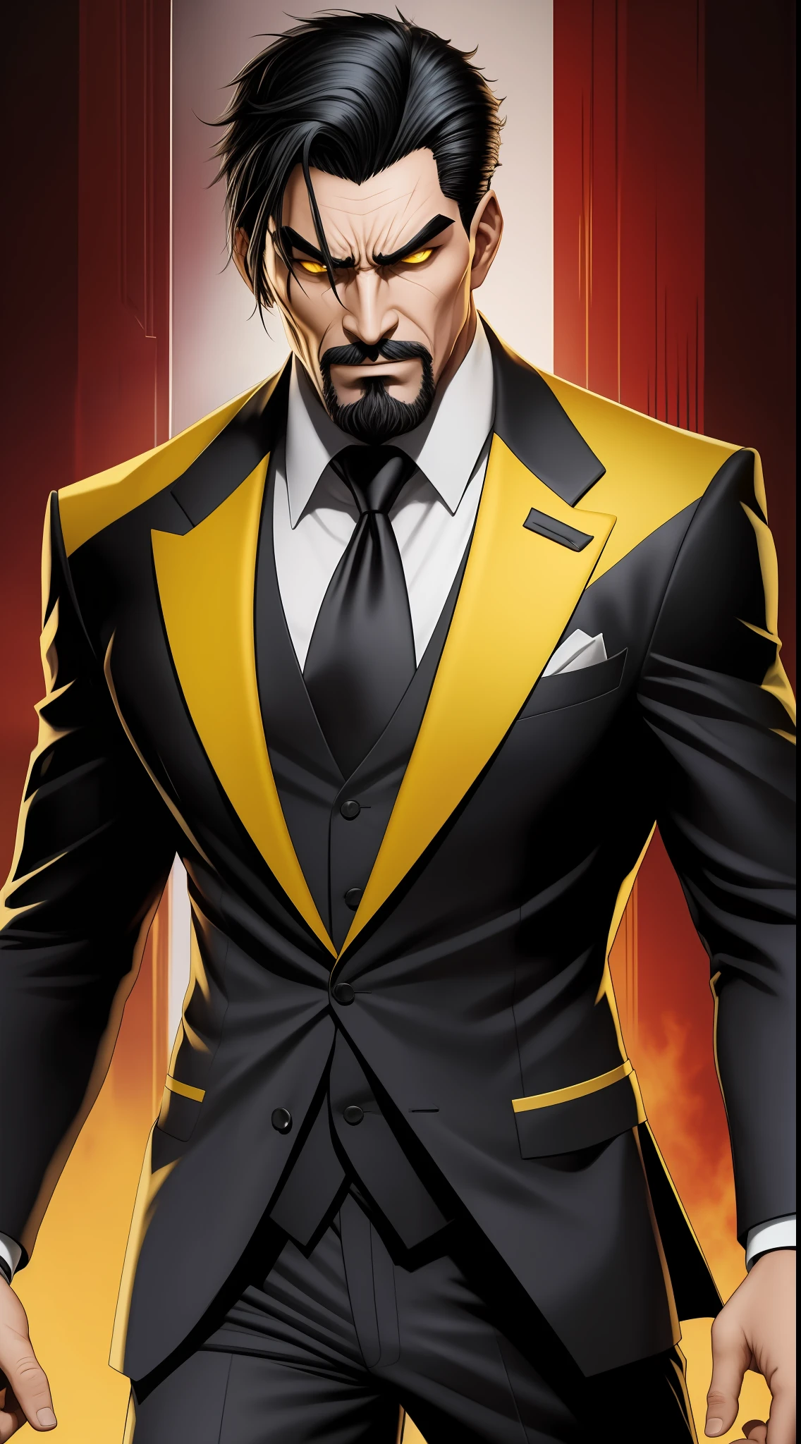 Scar: [1], the villain of the story is a thin and tall man with black hair and yellow eyes. He has a scar on his cheek and a black goatee. He wears a black suit and a red tie. [2] He has a menacing expression, with a hint of smugness in his eyes.