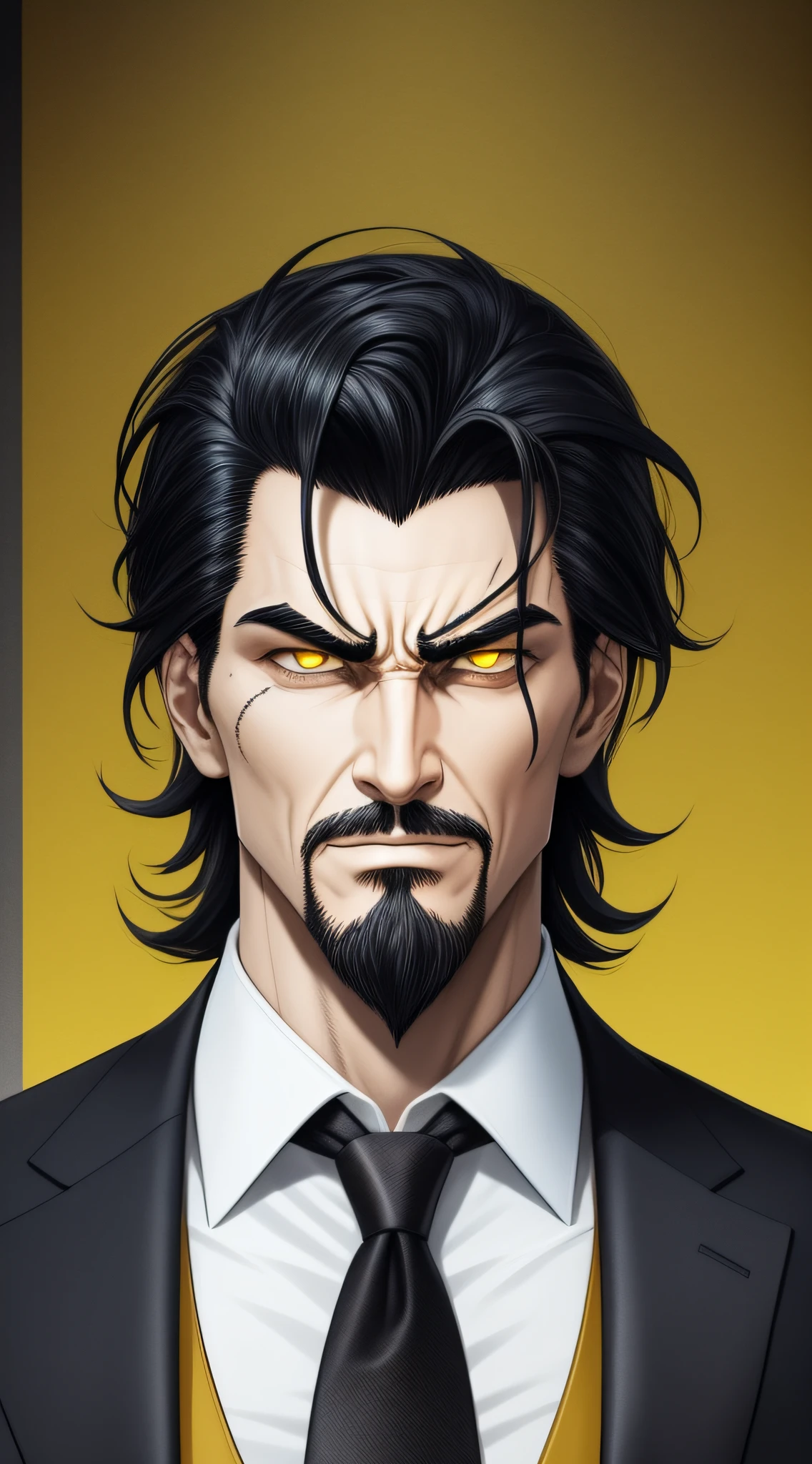 Scar: [1], the villain of the story is a thin and tall man with black hair and yellow eyes. He has a scar on his cheek and a black goatee. He wears a black suit and a red tie. [2] He has a menacing expression, with a hint of smugness in his eyes.