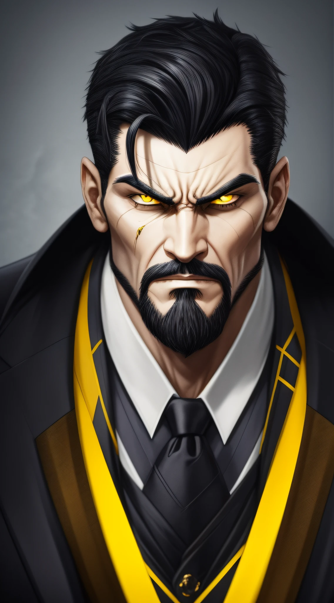 Scar: [1], the villain of the story is a thin and tall man with black hair and yellow eyes. He has a scar on his cheek and a black goatee. He wears a black suit and a red tie. [2] He has a menacing expression, with a hint of smugness in his eyes.