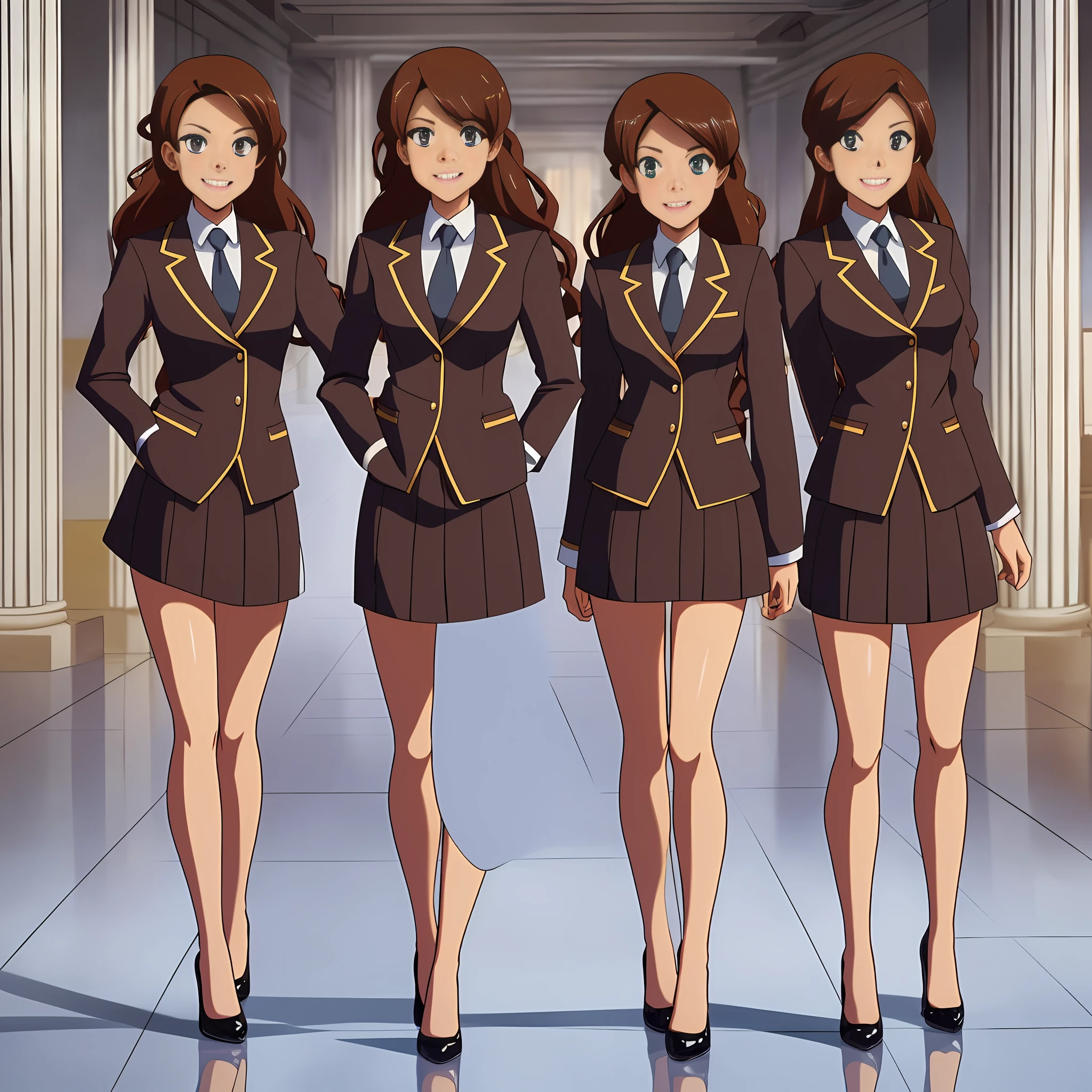 perfect anime illustration, multiple girls, clones, identical sisters, brown hair, curly hair, long hair, matching hairstyle, hazel eyes, smiling, business attire, blue skirt suit, black high heels, matching outfits, businesswomen, highres, full body, bare legs, neat rows of sisters, neat columns of sisters, sisters standing in formation