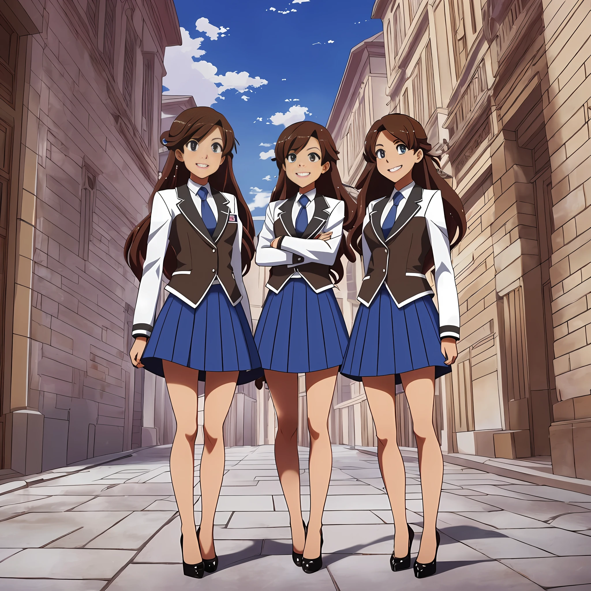 perfect anime illustration, multiple girls, clones, identical sisters, brown hair, curly hair, long hair, matching hairstyle, hazel eyes, smiling, business attire, blue skirt suit, black high heels, matching outfits, businesswomen, highres, full body, bare legs, neat rows of sisters, neat columns of sisters, sisters standing in formation