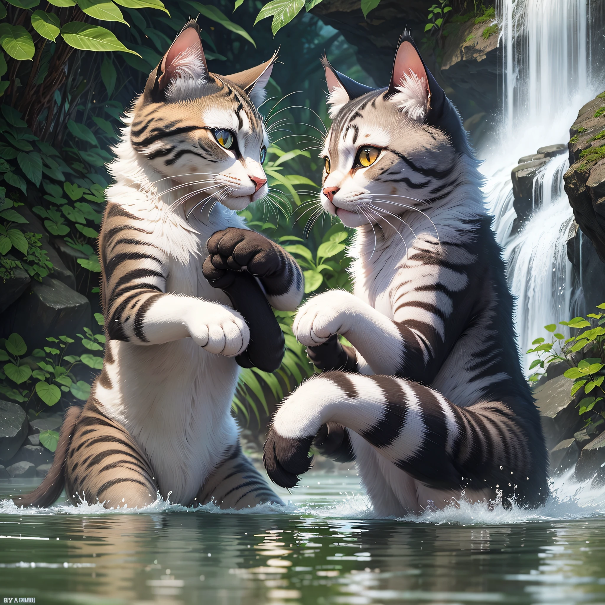 Cats fighting in waterfall --auto --s2