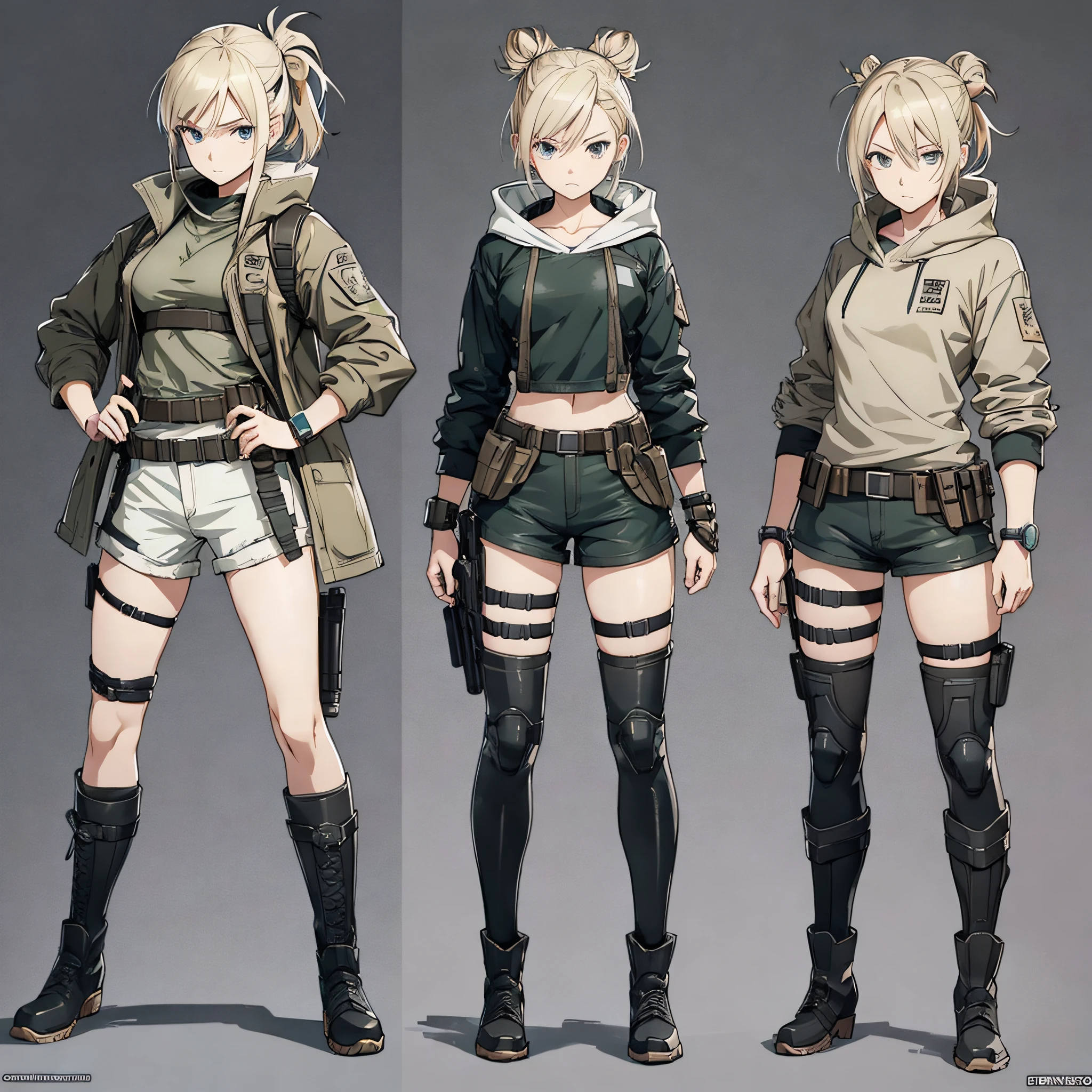 ANIME WOMAN CHARACTER, FULL BODY, standing, ((design sketches)), (masterpiece), stylish blonde hair stuck, samurai bun, extremely detailed, (original design), (animated poses), TEEN 15 YEARS (unique accessories, short shorts, , short barrel boots, sweatshirt jacket, bracelets), professionally retouched, white background, (female: 1.1) , (dirty: 1.1), (movement: 0.8), (young: 1.3), (sprint: 0.6) (the walking dead concept) ( Metal gear solid concept) --auto --s2