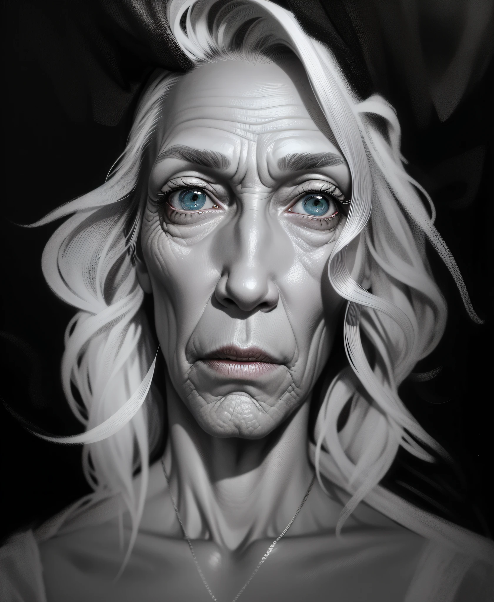 realistic photo, beautiful colors, strong face, hair much grayer, even more extreme wrinkles, eyes gray-green, deculter wrinkle, appearance of a 100 year old woman --auto --s2