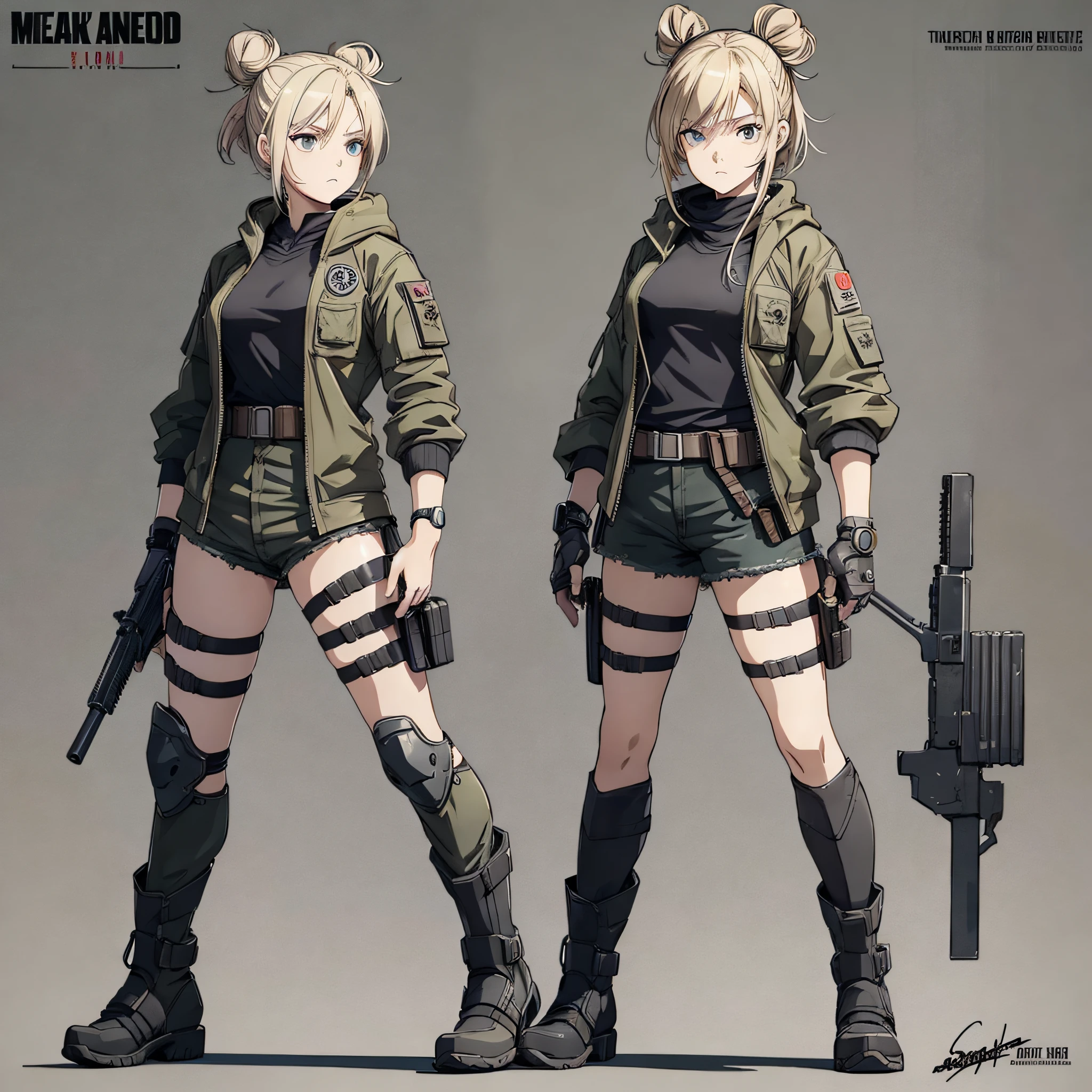 ANIME WOMAN CHARACTER, FULL BODY, standing, ((design sketches)), (masterpiece), stylish blonde hair stuck, samurai bun, extremely detailed, (original design), (animated poses), TEEN 15 YEARS (unique accessories, short shorts, , short barrel boots, sweatshirt jacket, bracelets), professionally retouched, white background, (female: 1.1) , (dirty: 1.1), (movement: 0.8), (young: 1.3), (sprint: 0.6) (the walking dead concept) ( Metal gear solid concept) --auto --s2