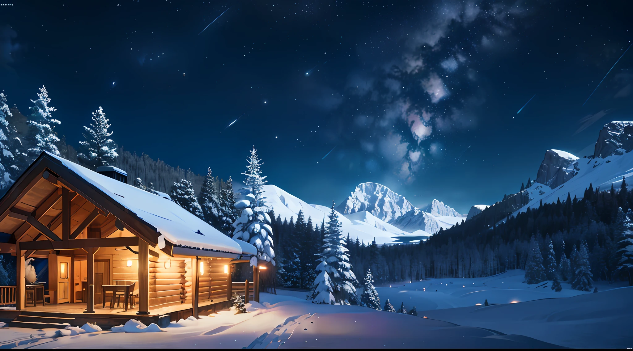 cabin, night, ambient lighting, HD detail, hyper-detail, cinematic, surrealism, soft light, bokeh deep field focus, distant views are snowy mountains, ray tracing and surrealism