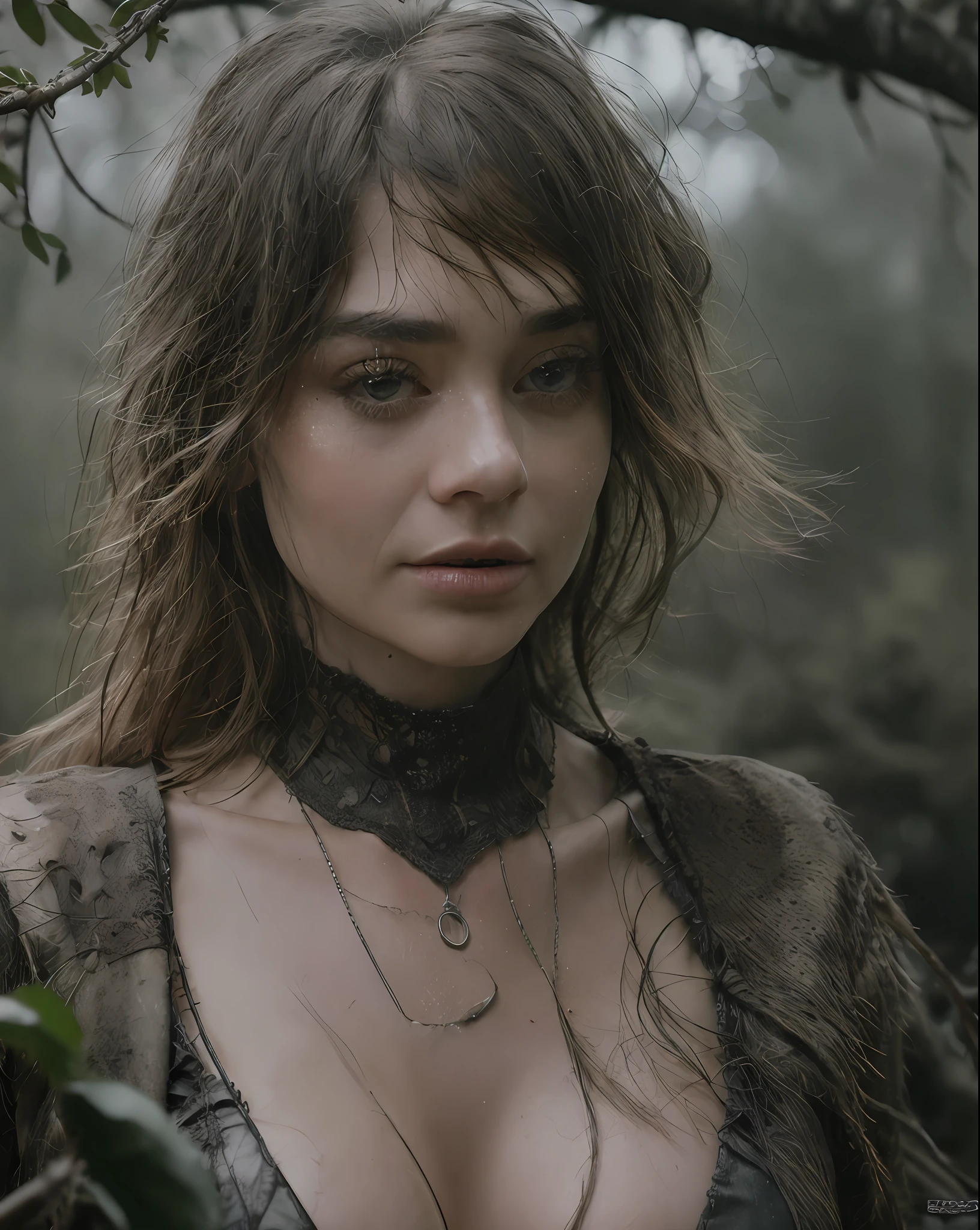 Imogen Poots in the forest at night, big breasts, ultra detailed skin, ultra detailed eyes, rwsgated blouse, thin waist, wet skin, skin details, well detailed face, wet, forest, dry branches, night, dramatic effect, a dark background grove with an intense fog, ultra realistic and detailed, best quality, 32K, amazing photography, natural night light, movie directed by Peter Jackson twilight wide-angle lens: :20 H.R Giger::20 --ar 2048:1536 --iw 1.3 --s 300 --v 5.1 --raw style