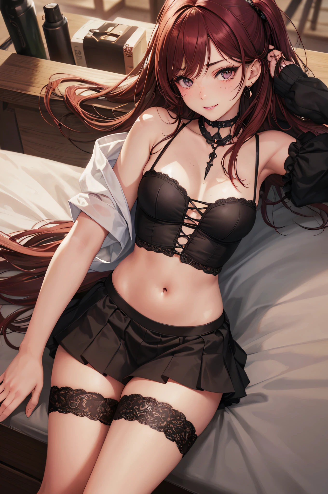 Girl maid uniform, extremely short skirt, wearing thin-framed round glasses, red hair, ((small chest, 18 year old girl, beautiful, face d)), ((large breasts, large neckline showing a nipple)). Full body image. Photorealistic face, realistic, realistic eyes, smile. In the background bar type English Pub,(high resolution:1.0), beautiful lighting, perfect lighting, realistic shadows, [highres], detailed skin, ultra-detailed, legs open, legs up, curved, large earring, thighs, (beautiful long hair), thin collarbone, soft navel, soft belly, soft back, angle from above, sweaty, gorgeous breasts, blush, photorealistic, realistic face, realistic eyes, small eyes, malicious smile (((anime style))) ((neckline))),  (freckles), (eyeliner), (mascara). --auto --s2