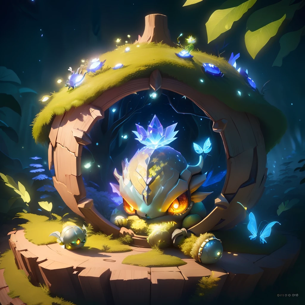 baby anthropomorphic Dragon with super big shinning eyes ,small body , beautiful character design, forest, shiny glitter texture, transparent glow, stylize 60000, character design, big eyes, cold colours, shiny glitter + pixar animation style, detailed, soft light, octane render, 8k ,tiny fireflies 
 Glowing ,all body inside image