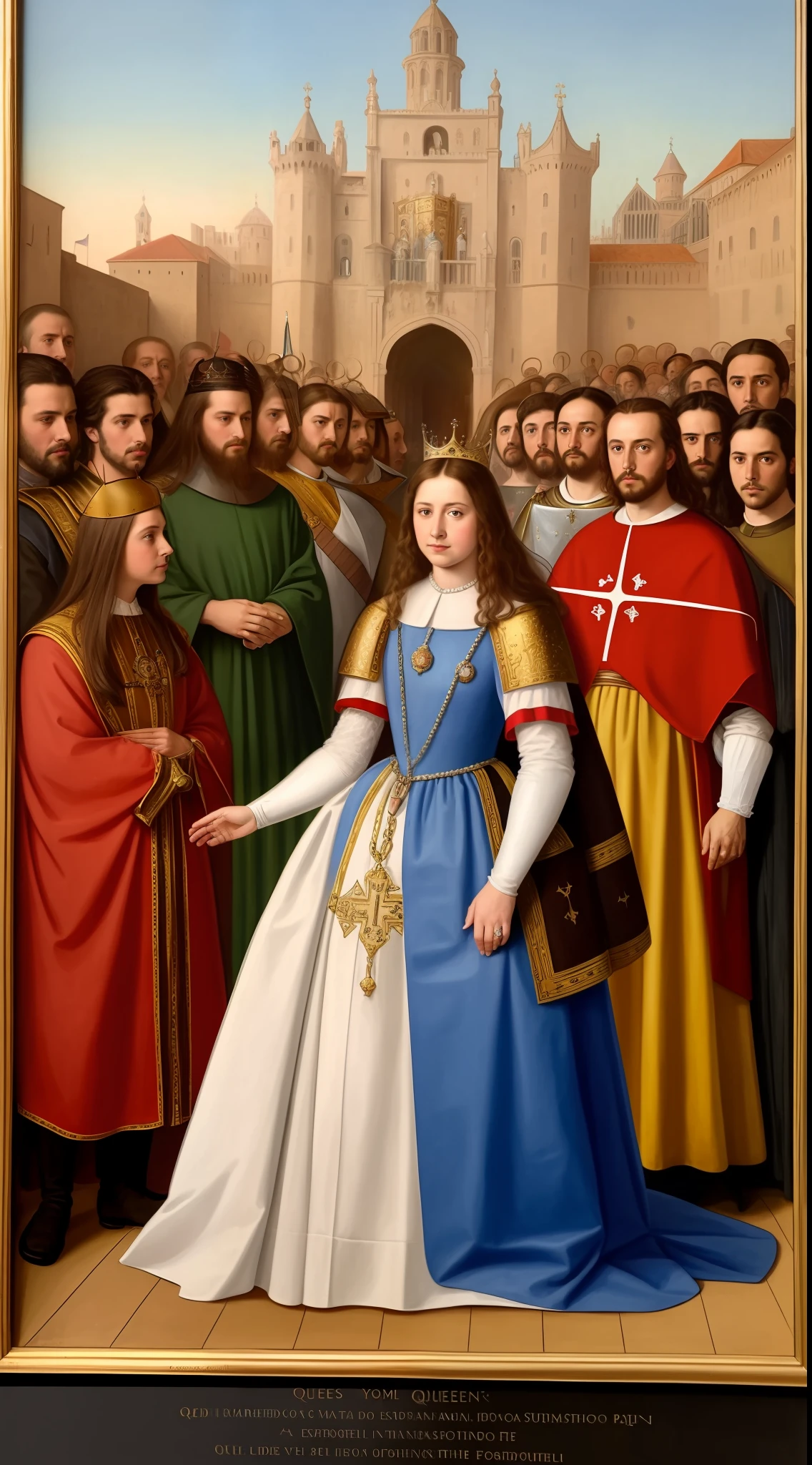 Queen Isabella I in a heroic pose, with scenes of the Spanish Inquisition and the expulsion of Jews in the background. detailed background scenes, dramatic lighting