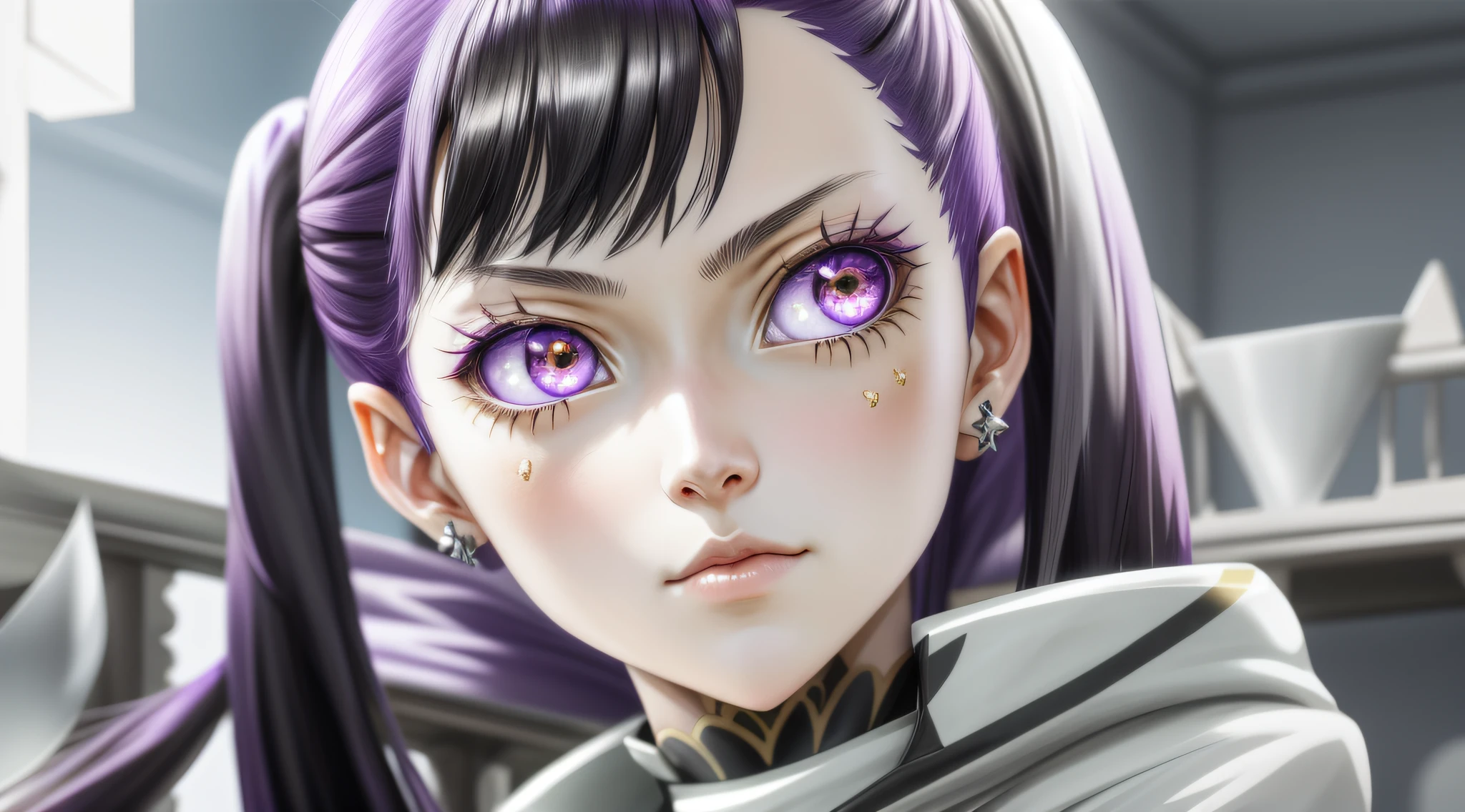 A closeup of a person with long hair and purple eyes, screenshot of Black Clover, she has white eyes!!!, black anime pupils in her eyes, she has elf ears and golden eyes, Shiro from Deadman Wonderland, closeup of a young anime girl, has a piercing look but a stern look on her, female anime character.