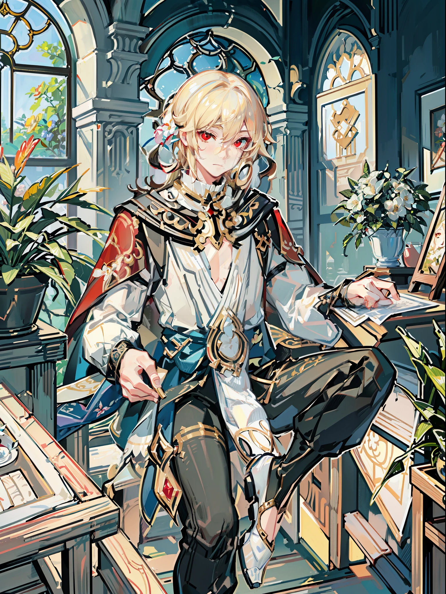 extremely delicate and beautiful, Amazing, finely detail, masterpiece, ultra-detailed, highres,best illustration, best shadow,intricate,sharp focus, high quality, 1male, solo, blond hair. red eyes, kaveh genshin impact, glass greenhouse, flowers in pots, flowers for sale, man looking at flowers, flowers everywhere