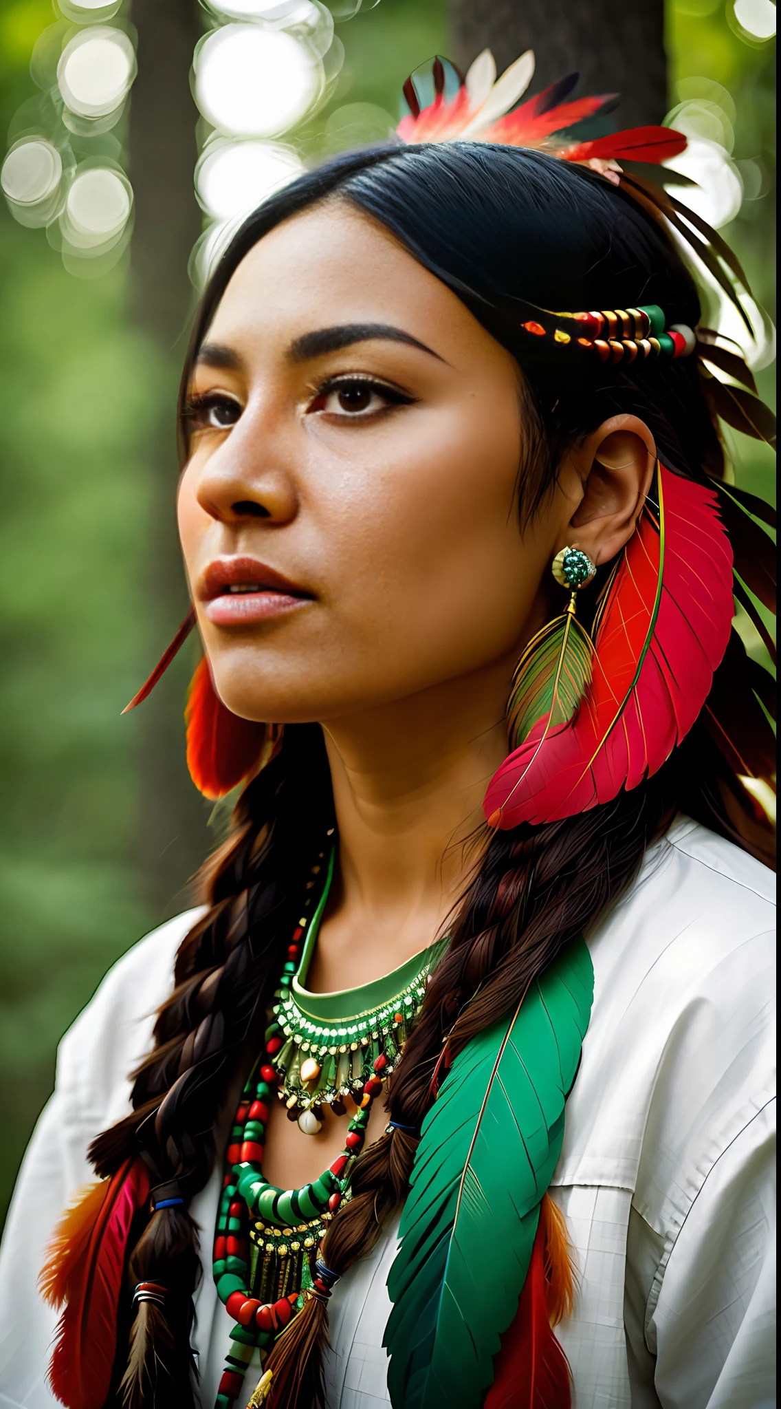 (full portrait), (half shot) solo, masterpiece, best quality, 8k, sharp focus, ((superrealistic)), high details, raw photo portrait, 1 beautiful 30-year-old Native American, brown, (serene expression), worn clothes, prayer beads, tribal jewelry, ((green and red feathers in hair: 1.5)), headdress: 0.33, photo in the woods with (trees), in the background birds, flying butterflies, (((depth of field))):1.8 The expression lines on her face can be seen clearly. The texture of its feathers and face is exceptionally ultra detailed.
